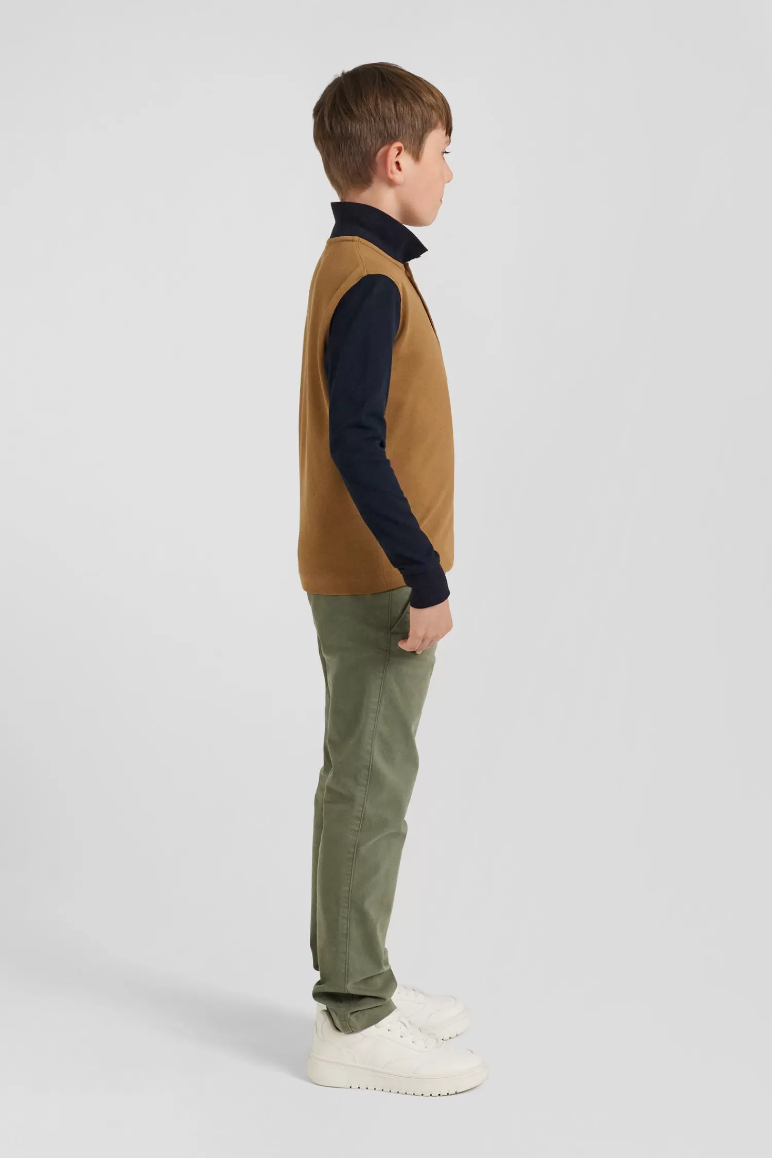 Eden Park Regular camel long-sleeved cotton piqué polo shirt with tricolour jacquard collar<Kids Kids