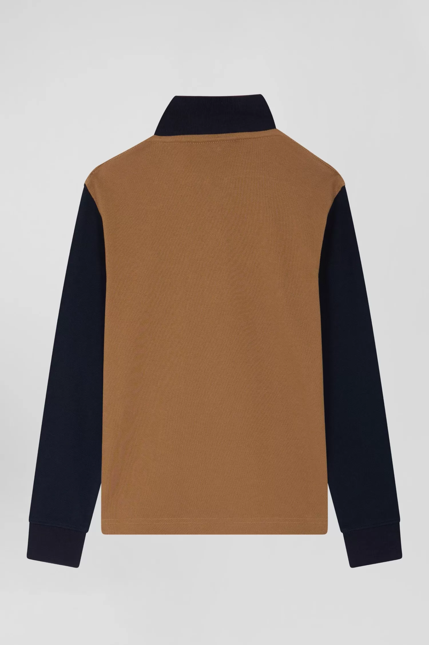Eden Park Regular camel long-sleeved cotton piqué polo shirt with tricolour jacquard collar<Kids Kids