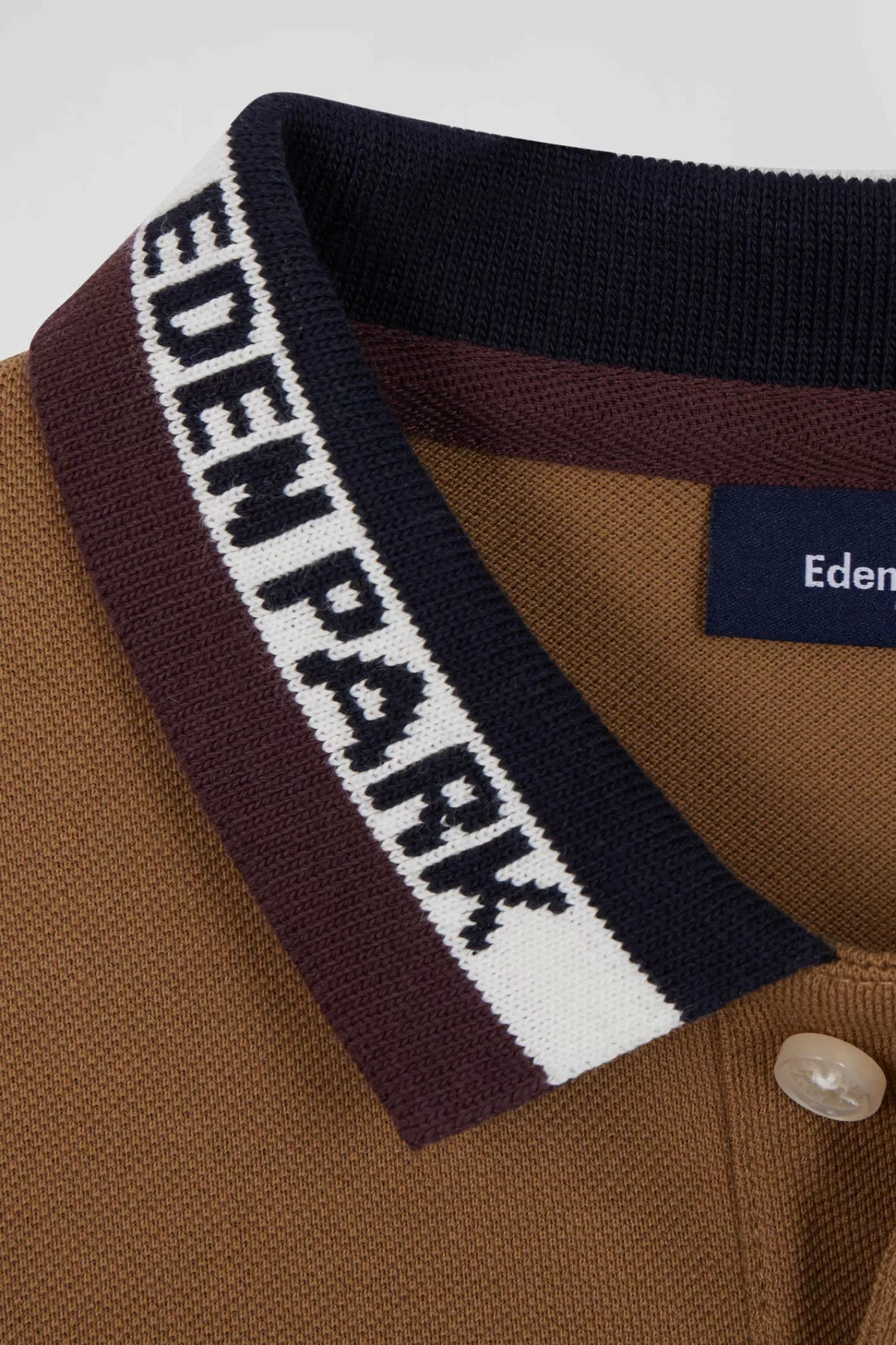 Eden Park Regular camel long-sleeved cotton piqué polo shirt with tricolour jacquard collar<Kids Kids
