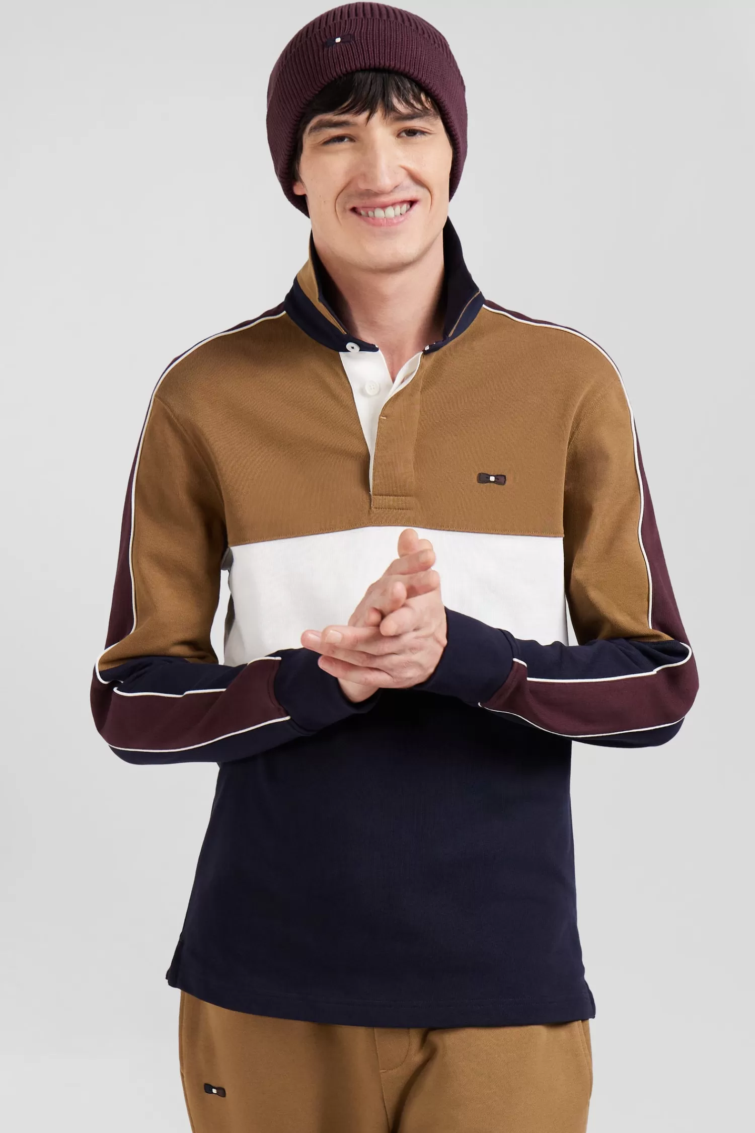 Eden Park Regular camel long-sleeved cotton rugby shirt with back embroidery and piping< Rugby Shirts