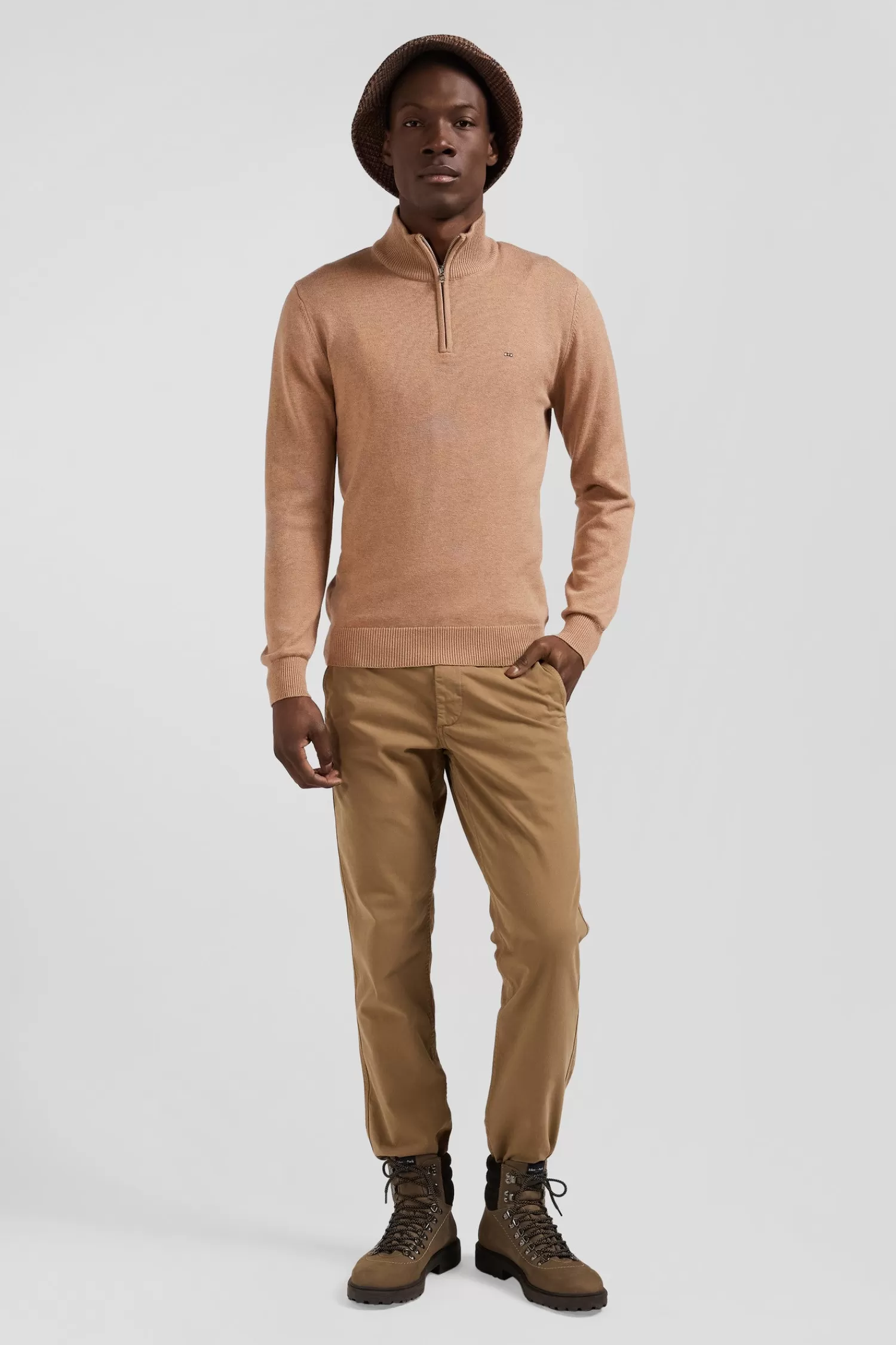 Eden Park Regular camel semi-zipped wool and cotton jumper< Sweaters