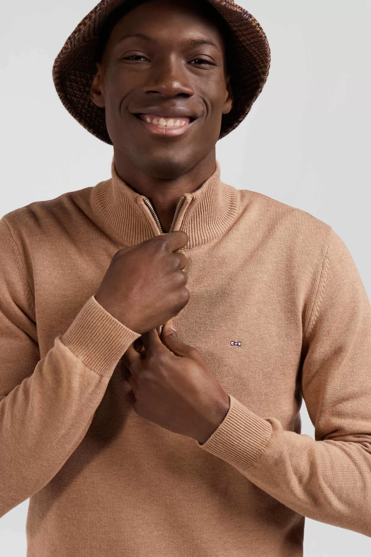 Eden Park Regular camel semi-zipped wool and cotton jumper< Sweaters