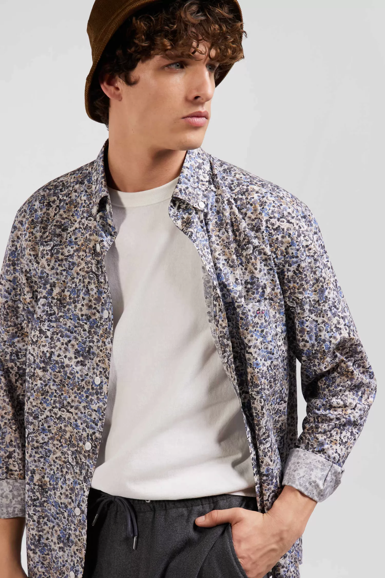 Eden Park Regular ecru cotton poplin shirt with micro floral print< Shirts