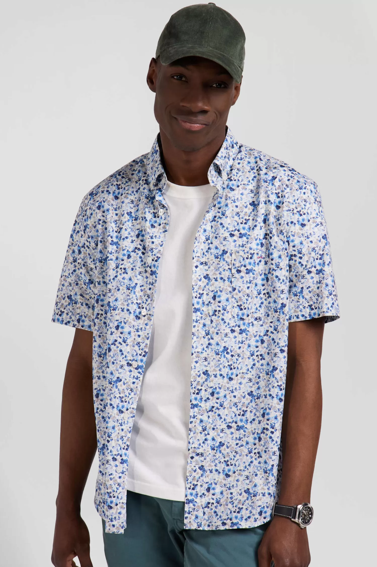 Eden Park Regular ecru cotton short-sleeved shirt with micro floral print< Short-sleeved Shirts