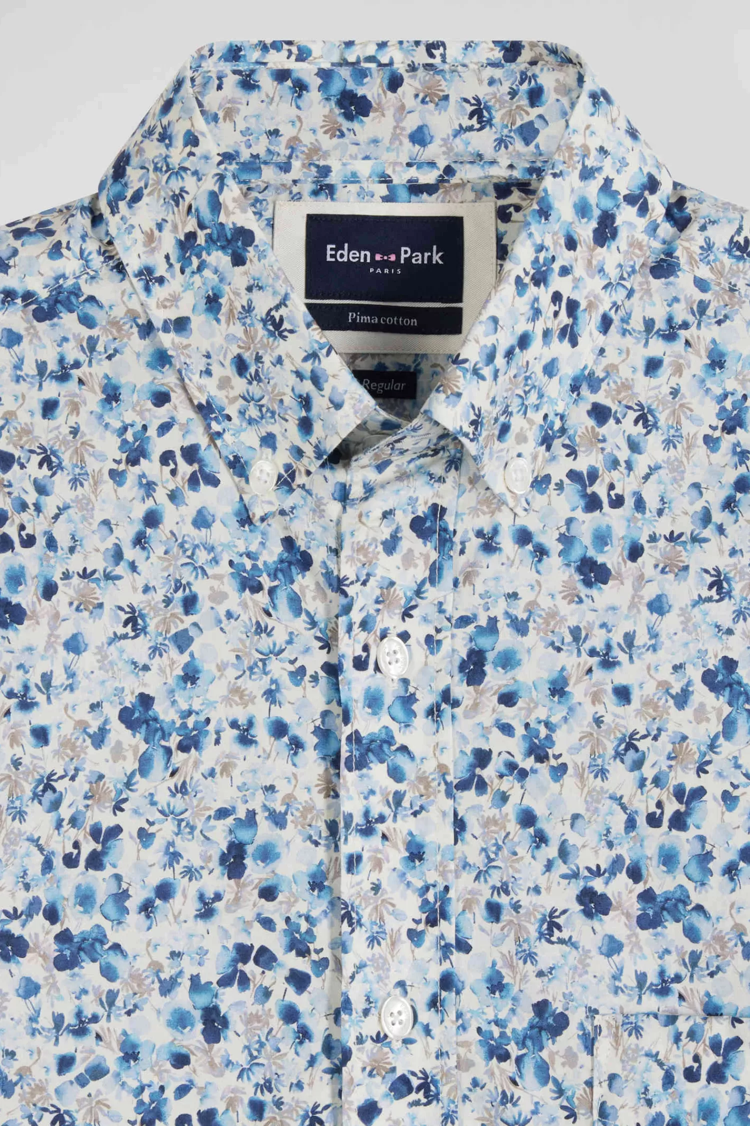 Eden Park Regular ecru cotton short-sleeved shirt with micro floral print< Short-sleeved Shirts