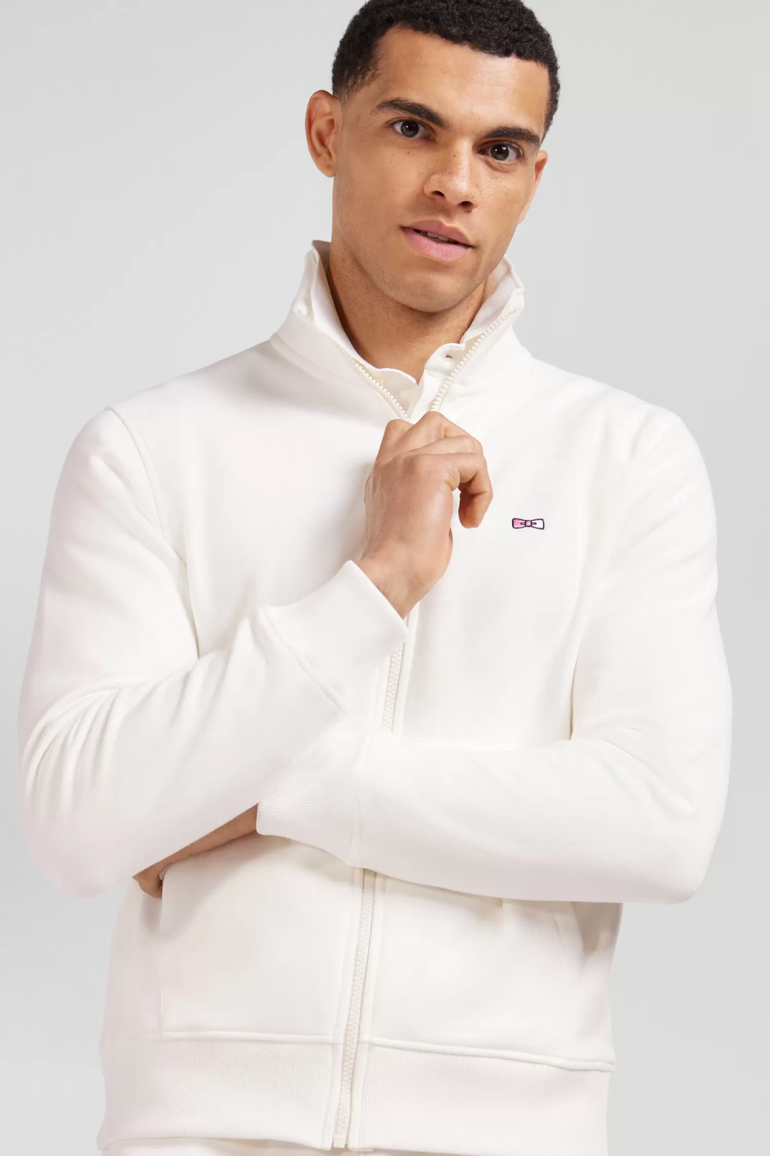 Eden Park Regular ecru zipped brushed cotton fleece sweatshirt with high top collar< Sweatshirts