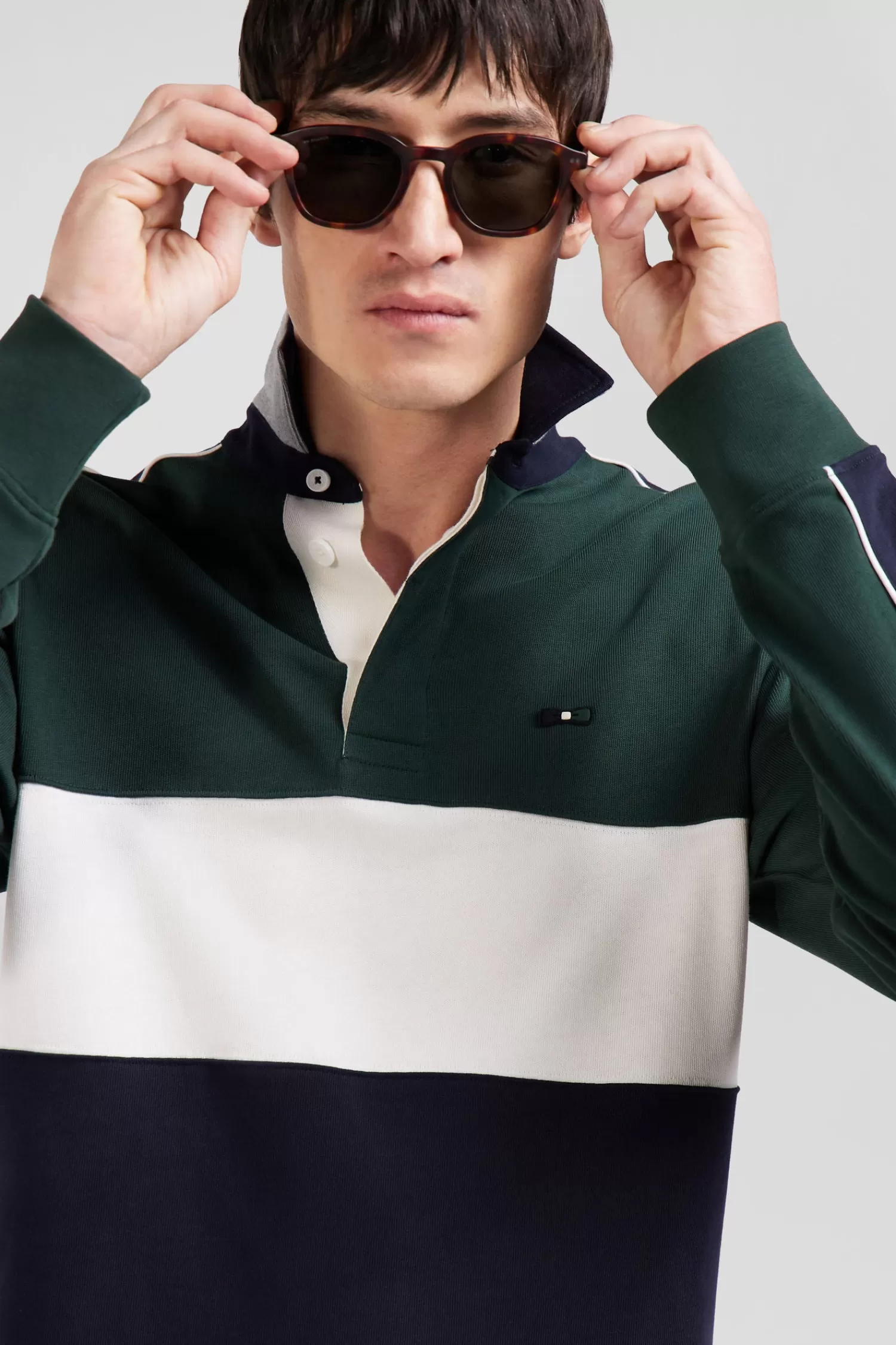 Eden Park Regular green and navy blue colorblock long-sleeved cotton rugby shirt< Rugby Shirts