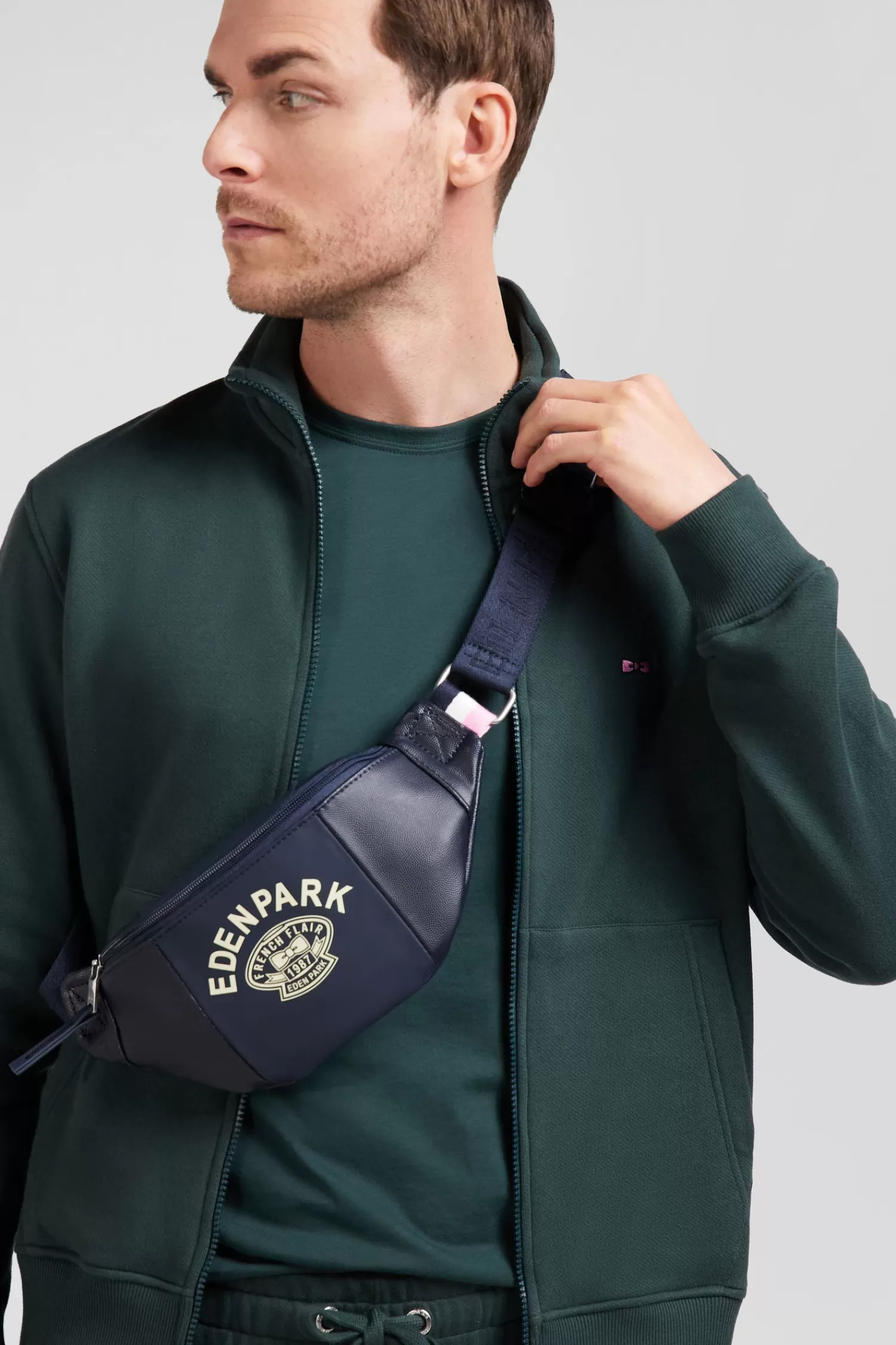 Eden Park Regular green brushed cotton fleece sweatshirt with high top collar< Sweatshirts