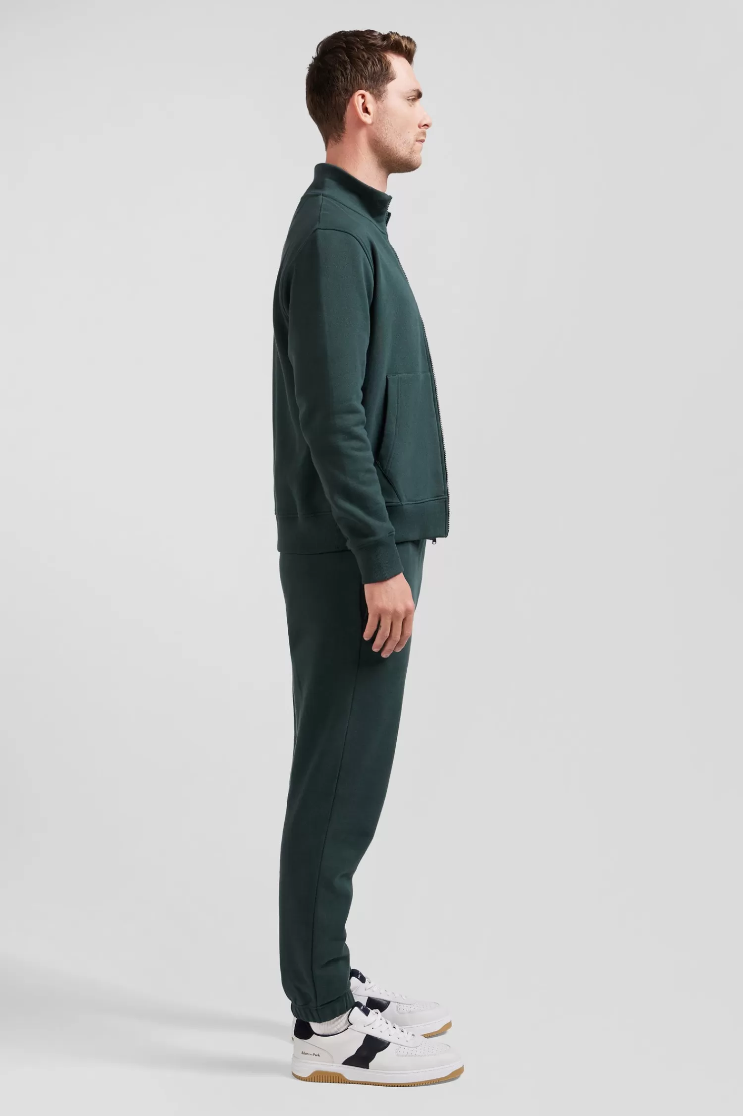 Eden Park Regular green brushed cotton fleece sweatshirt with high top collar< Sweatshirts