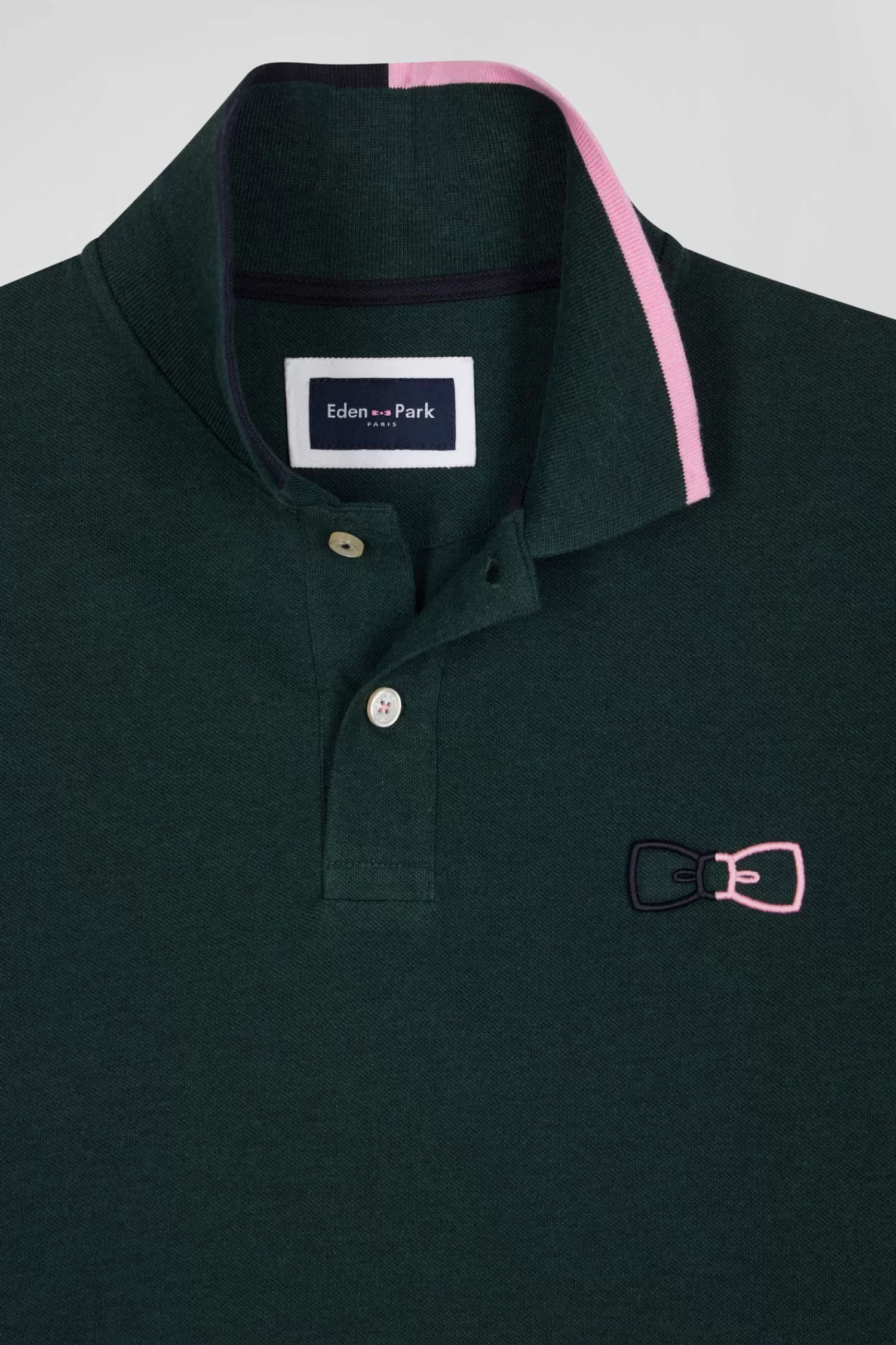 Eden Park Regular green long-sleeved cotton piqué polo shirt with pink details< Polos