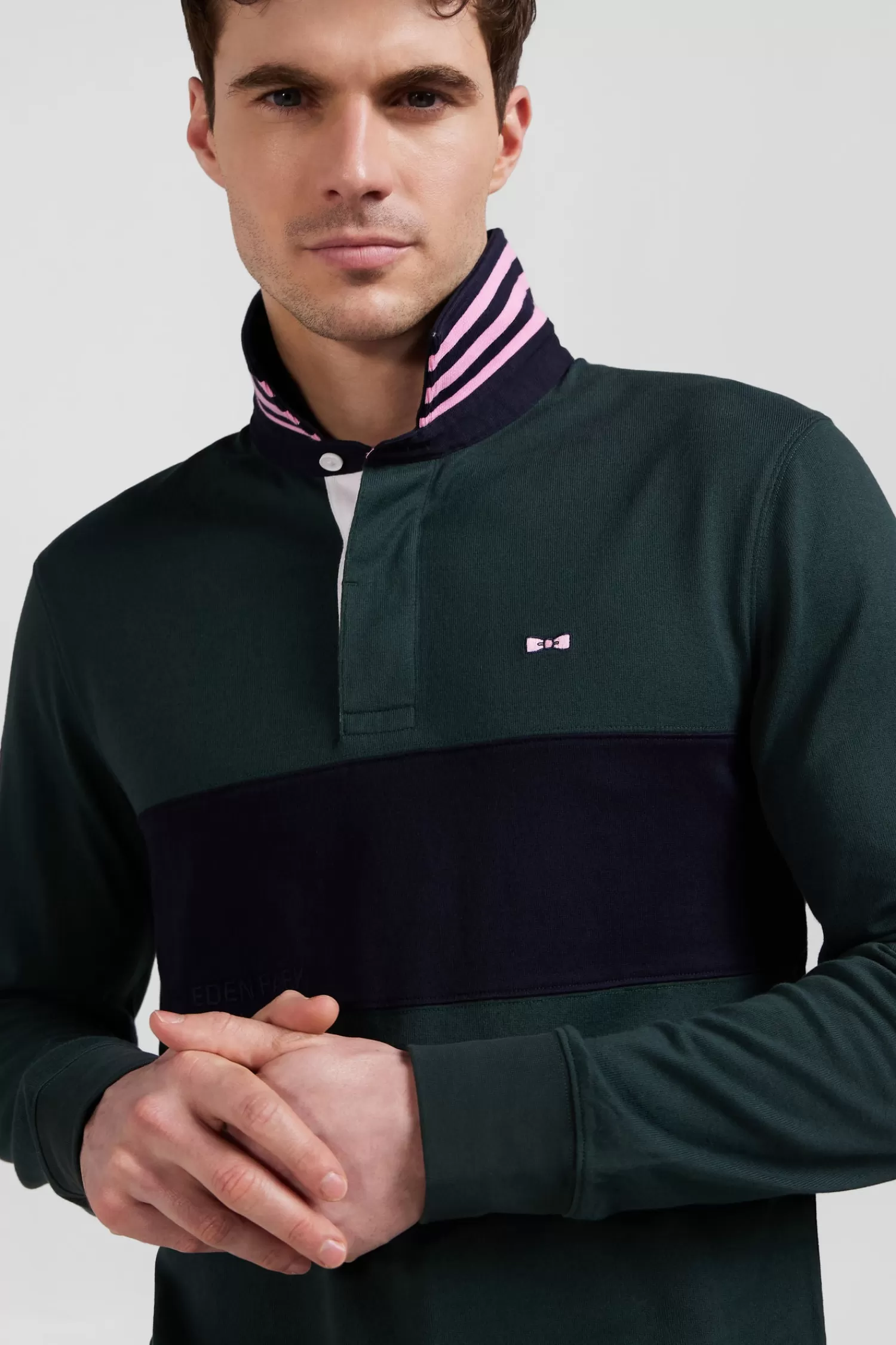 Eden Park Regular green long-sleeved cotton rugby shirt with sleeve N°10 embroidery< Rugby Shirts