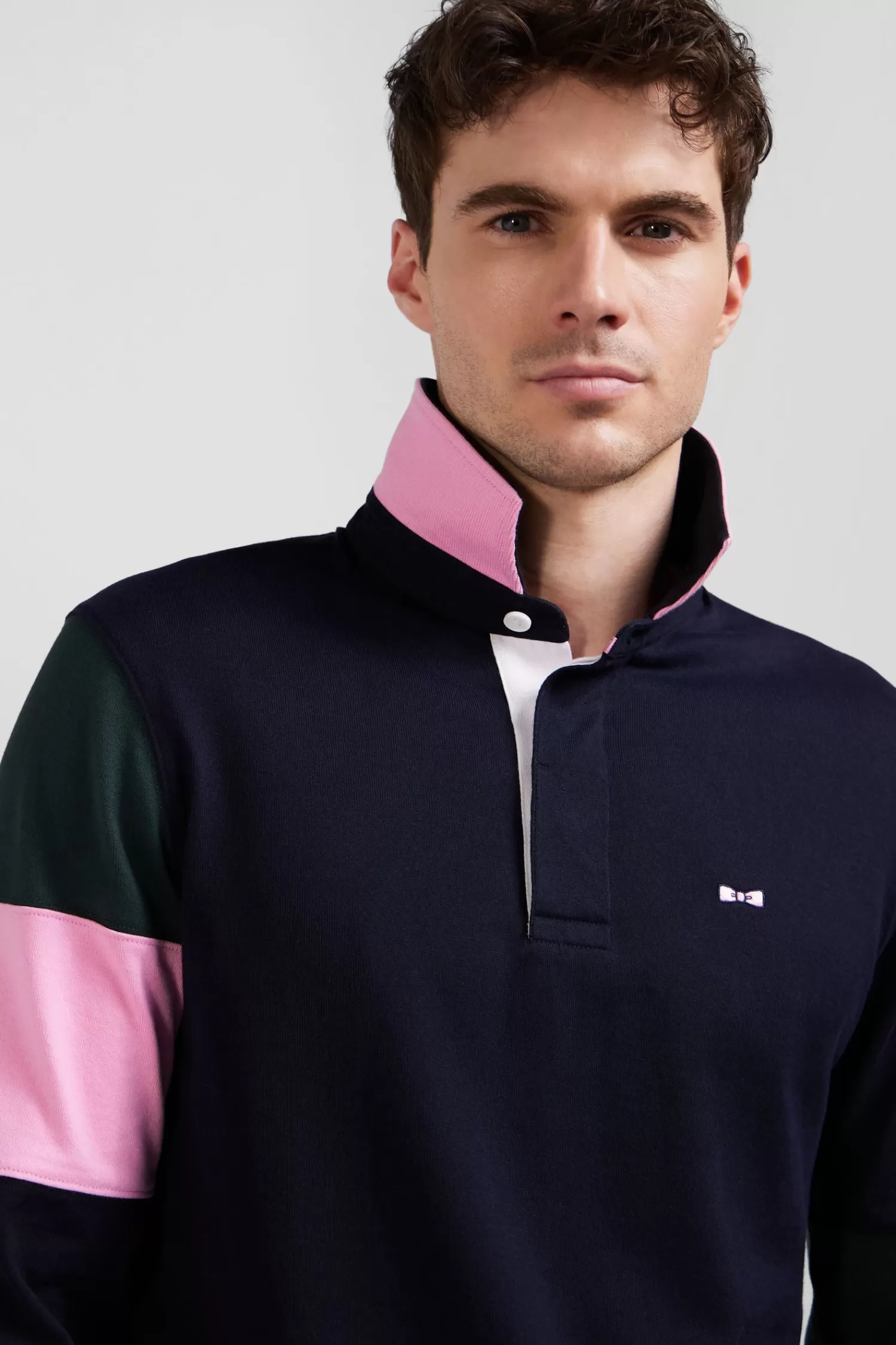 Eden Park Regular green long-sleeved cotton rugby shirt with tie fabric patchwork< Rugby Shirts
