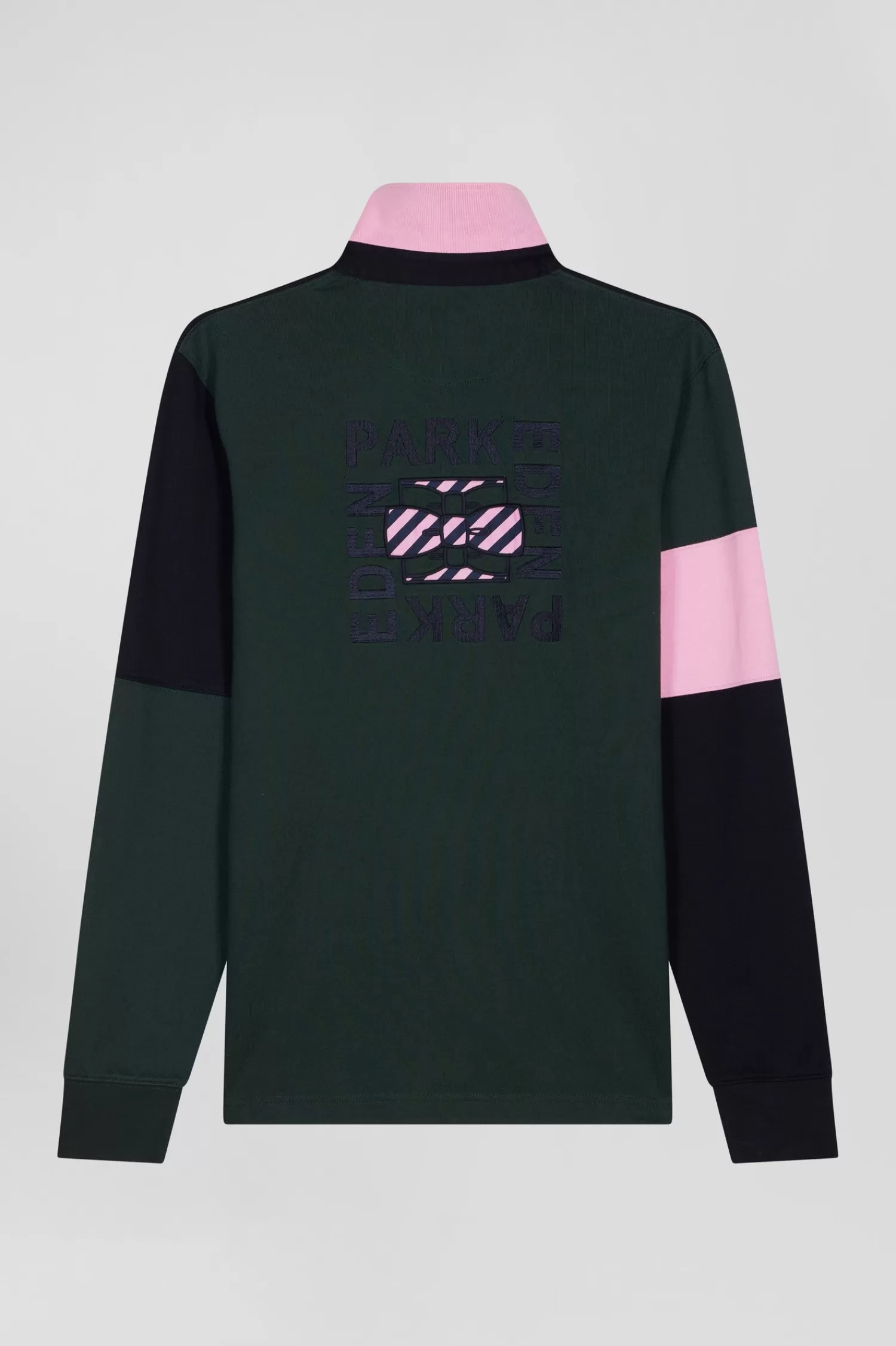Eden Park Regular green long-sleeved cotton rugby shirt with tie fabric patchwork< Rugby Shirts