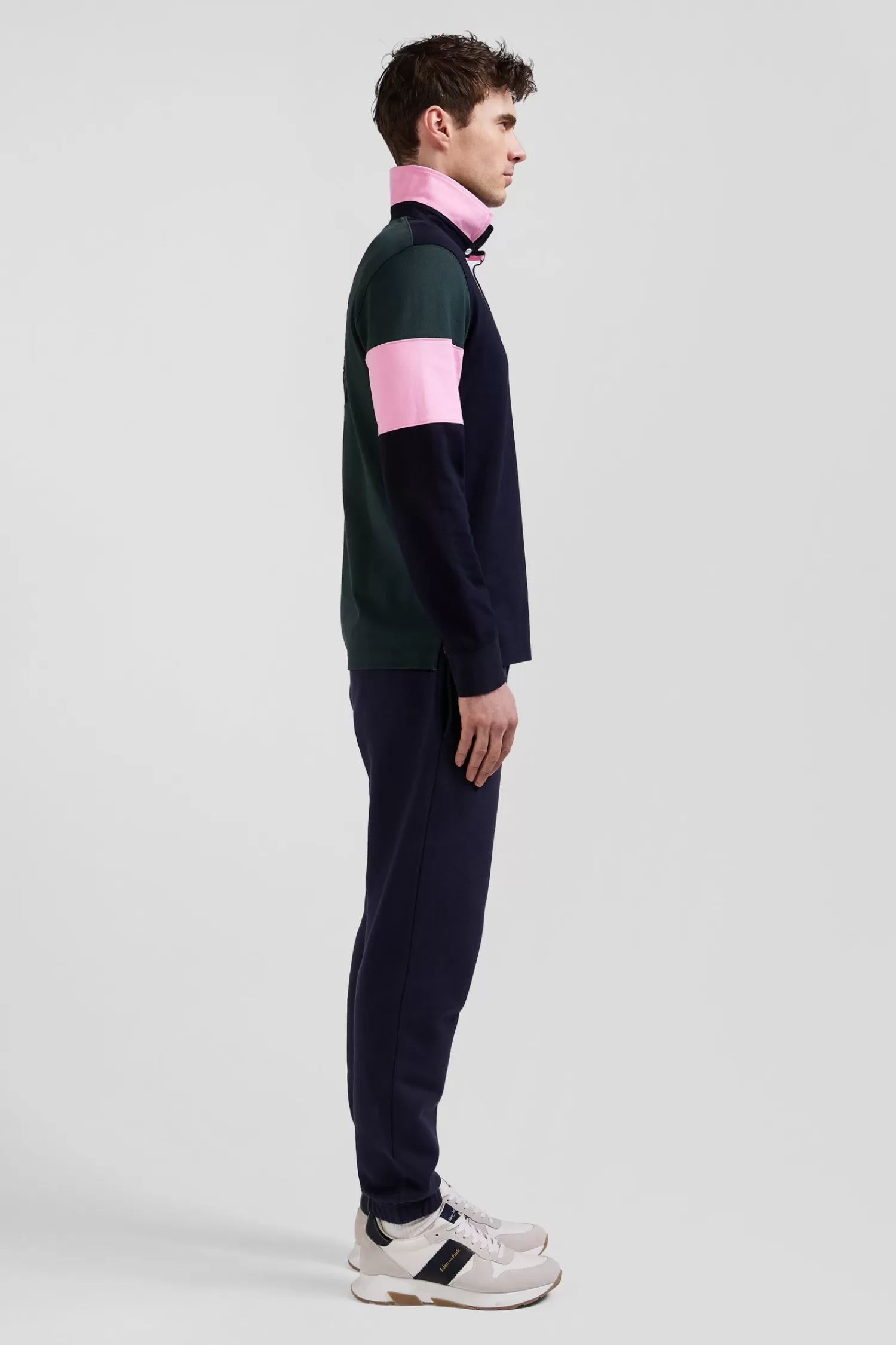 Eden Park Regular green long-sleeved cotton rugby shirt with tie fabric patchwork< Rugby Shirts