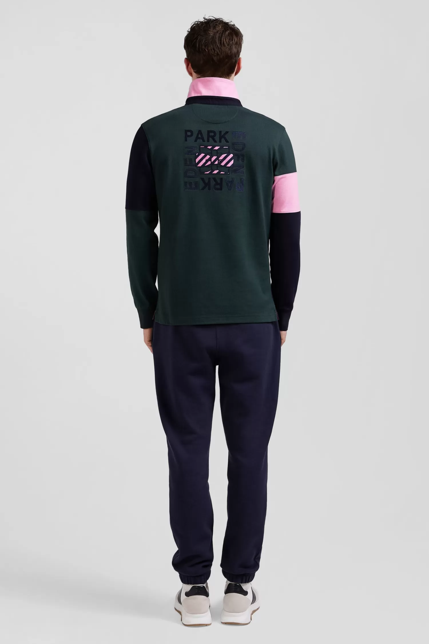 Eden Park Regular green long-sleeved cotton rugby shirt with tie fabric patchwork< Rugby Shirts