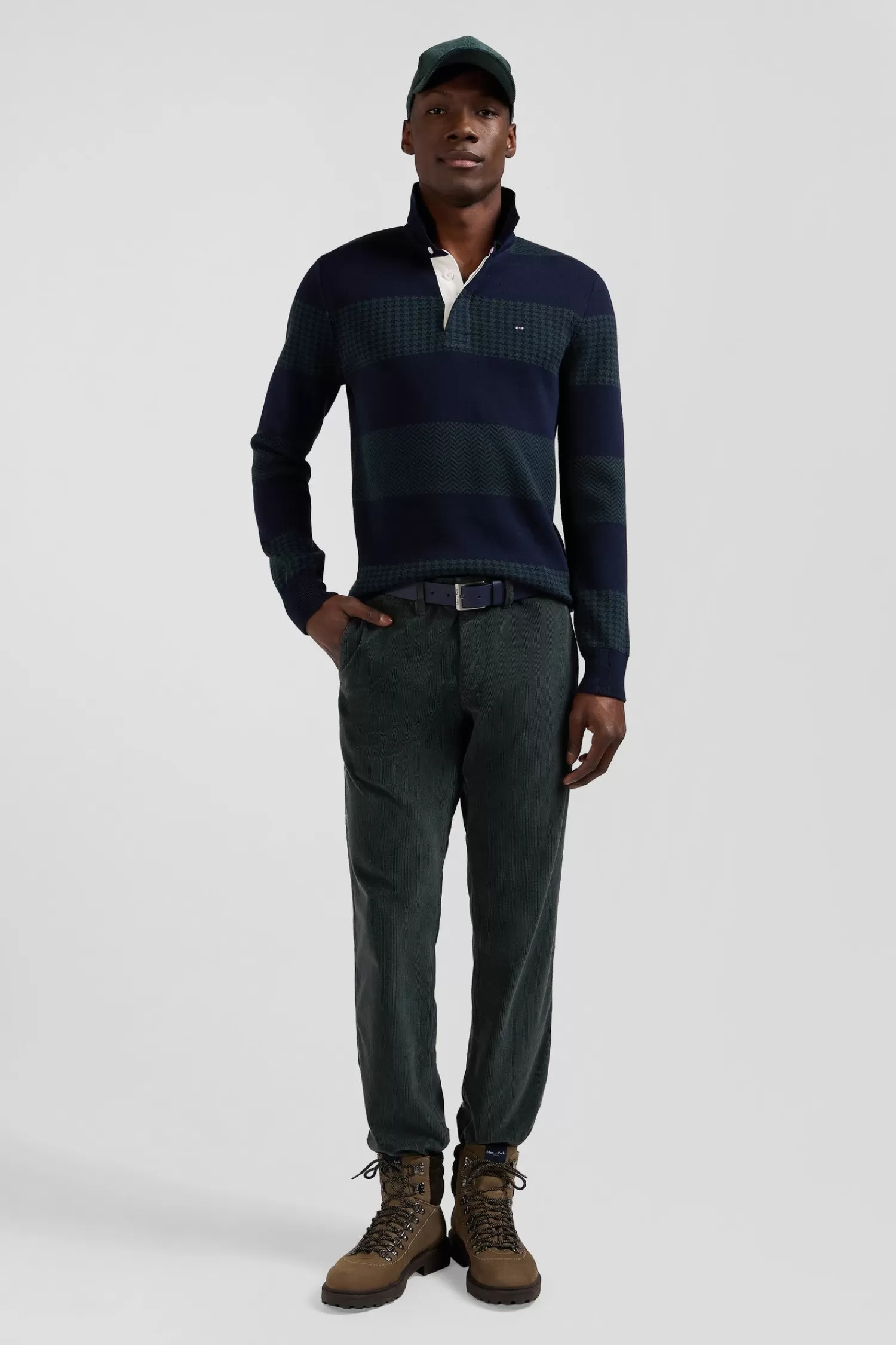 Eden Park Regular green striped cotton jersey jumper with houndstooth jacquard and and rugby shirt collar< Sweaters