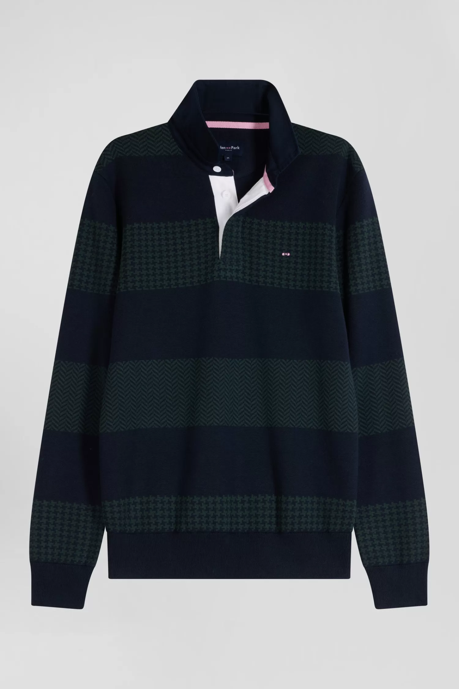 Eden Park Regular green striped cotton jersey jumper with houndstooth jacquard and and rugby shirt collar< Sweaters