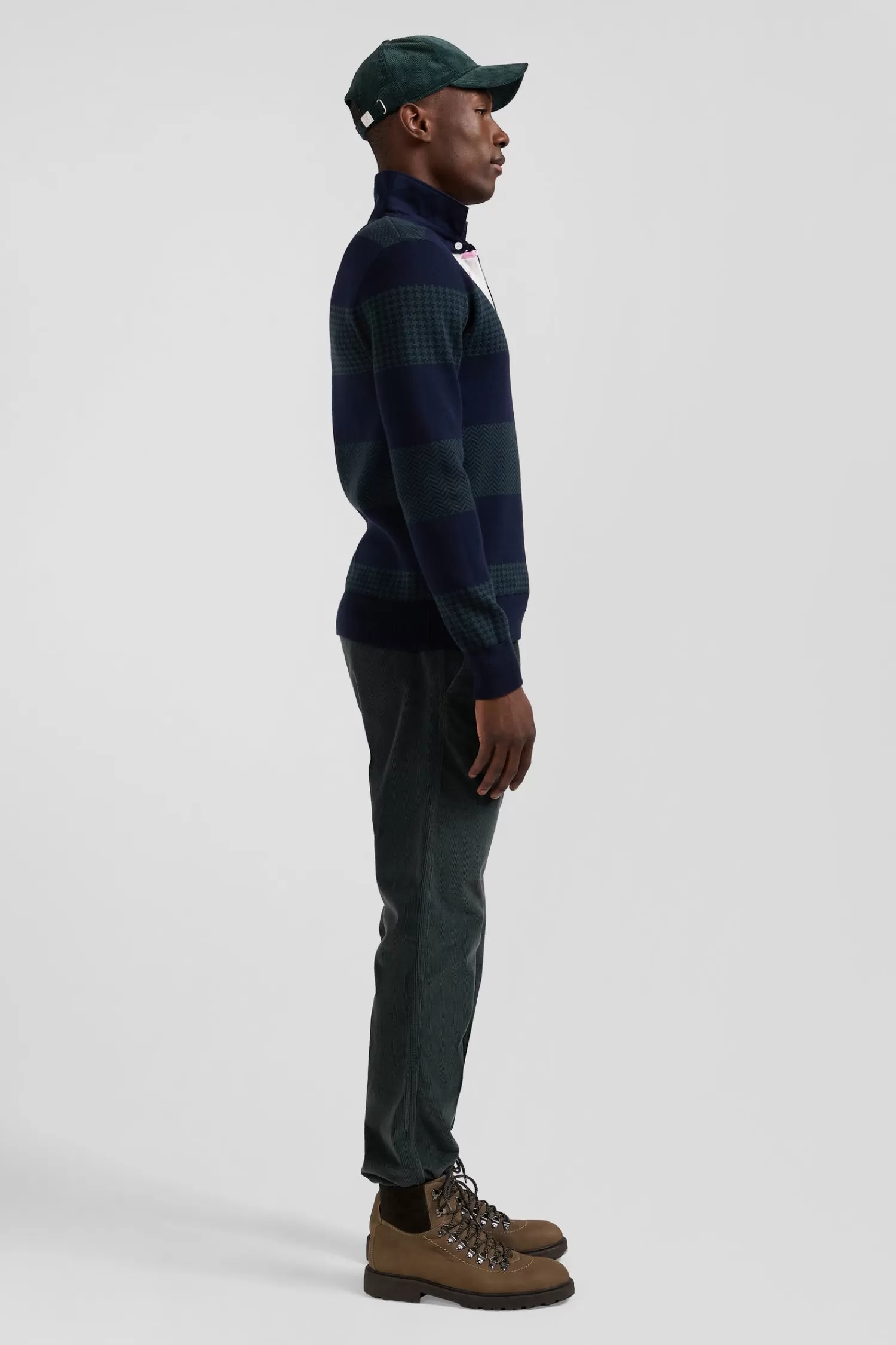 Eden Park Regular green striped cotton jersey jumper with houndstooth jacquard and and rugby shirt collar< Sweaters