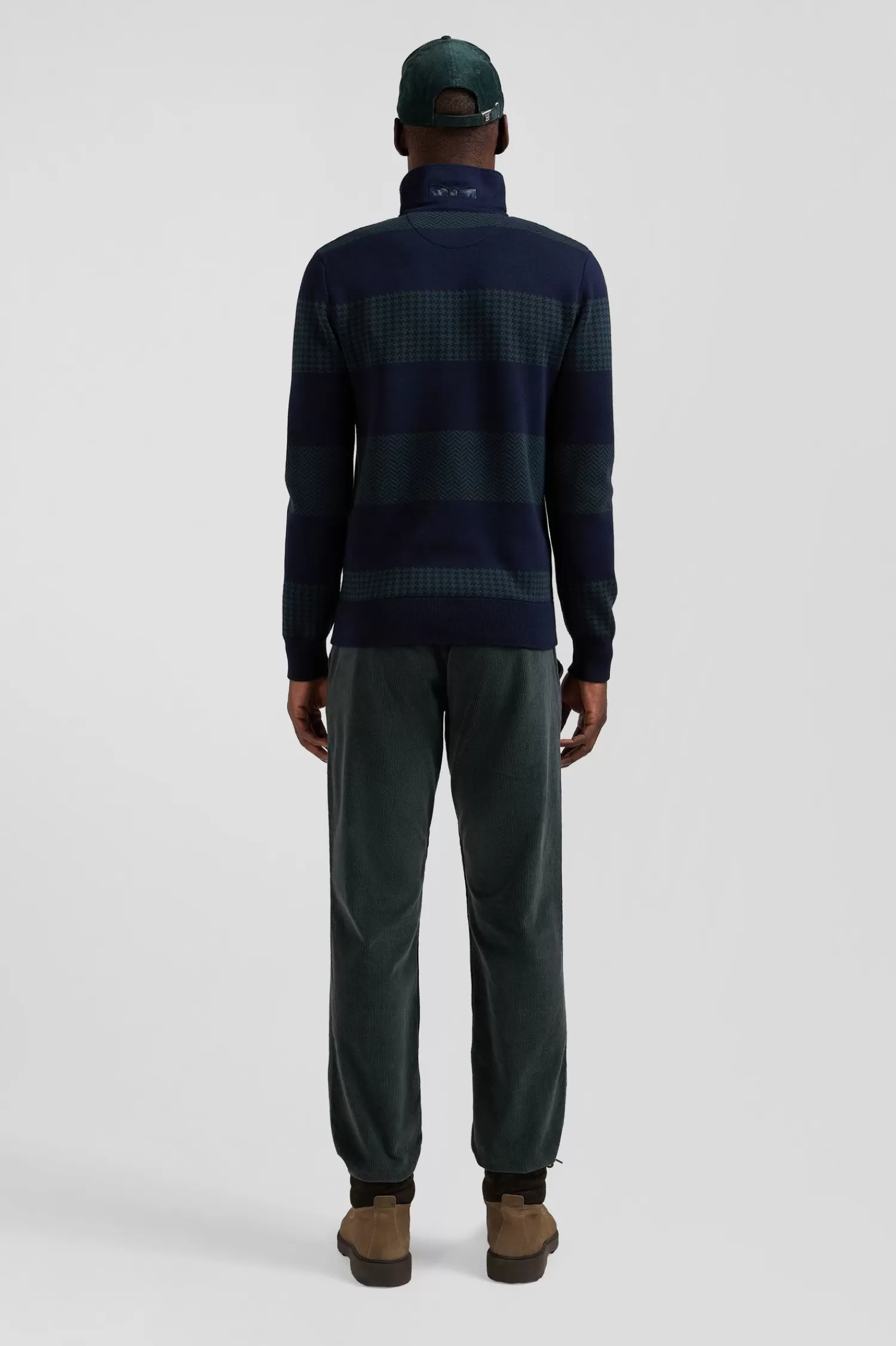 Eden Park Regular green striped cotton jersey jumper with houndstooth jacquard and and rugby shirt collar< Sweaters