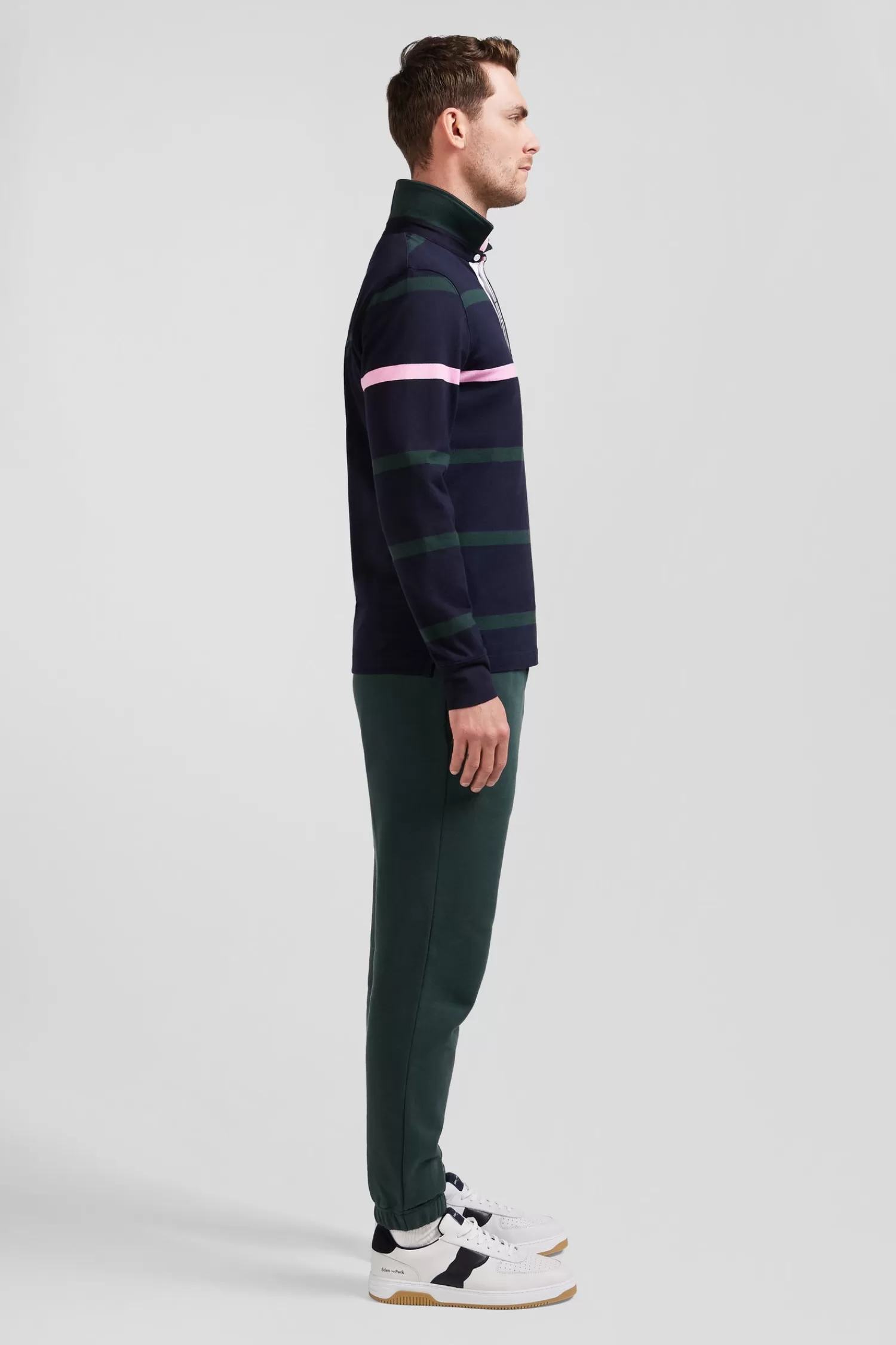Eden Park Regular green striped long-sleeved cotton rugby shirt with back embroidery< Rugby Shirts