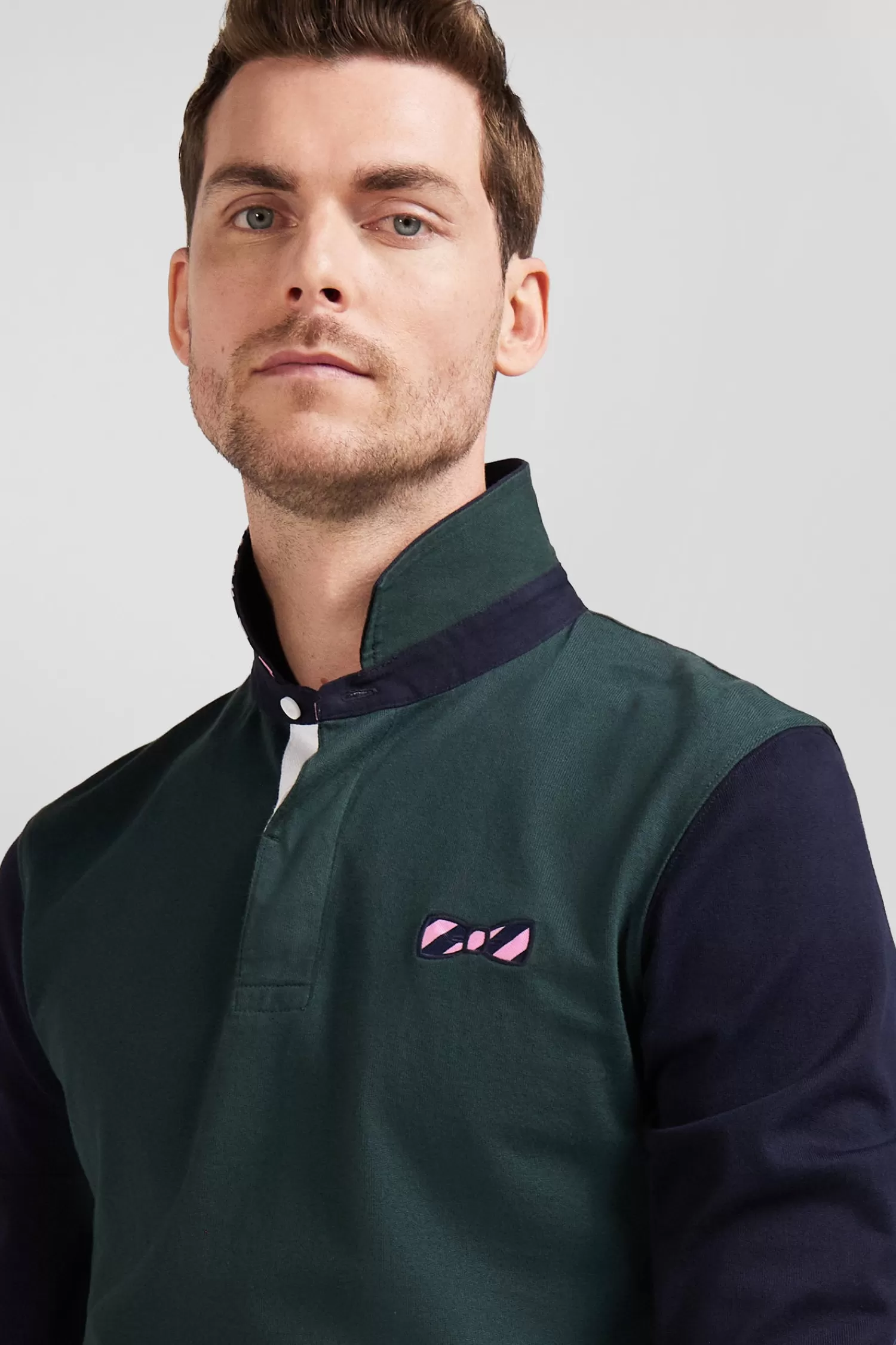 Eden Park Regular green striped long-sleeved cotton rugby shirt with tie fabric patchwork< Rugby Shirts