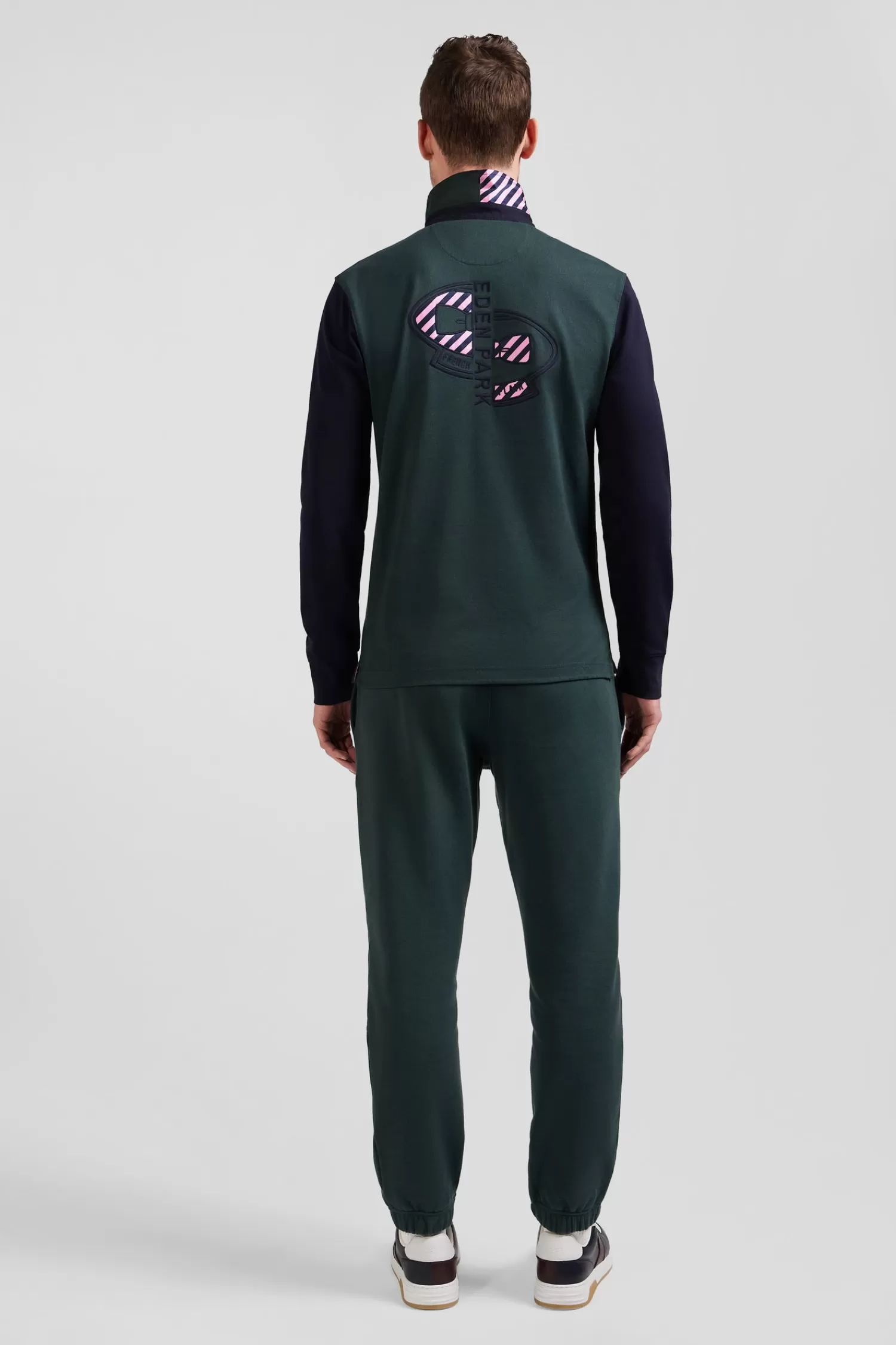 Eden Park Regular green striped long-sleeved cotton rugby shirt with tie fabric patchwork< Rugby Shirts