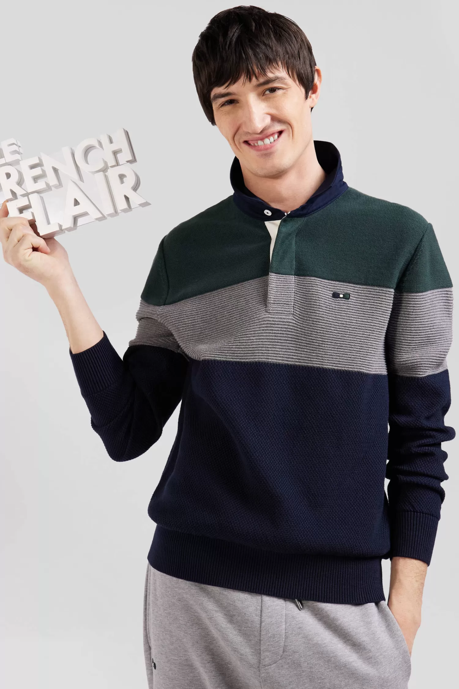 Eden Park Regular green wool and cotton jumper with knit patterns and rugby shirt collar< Sweaters