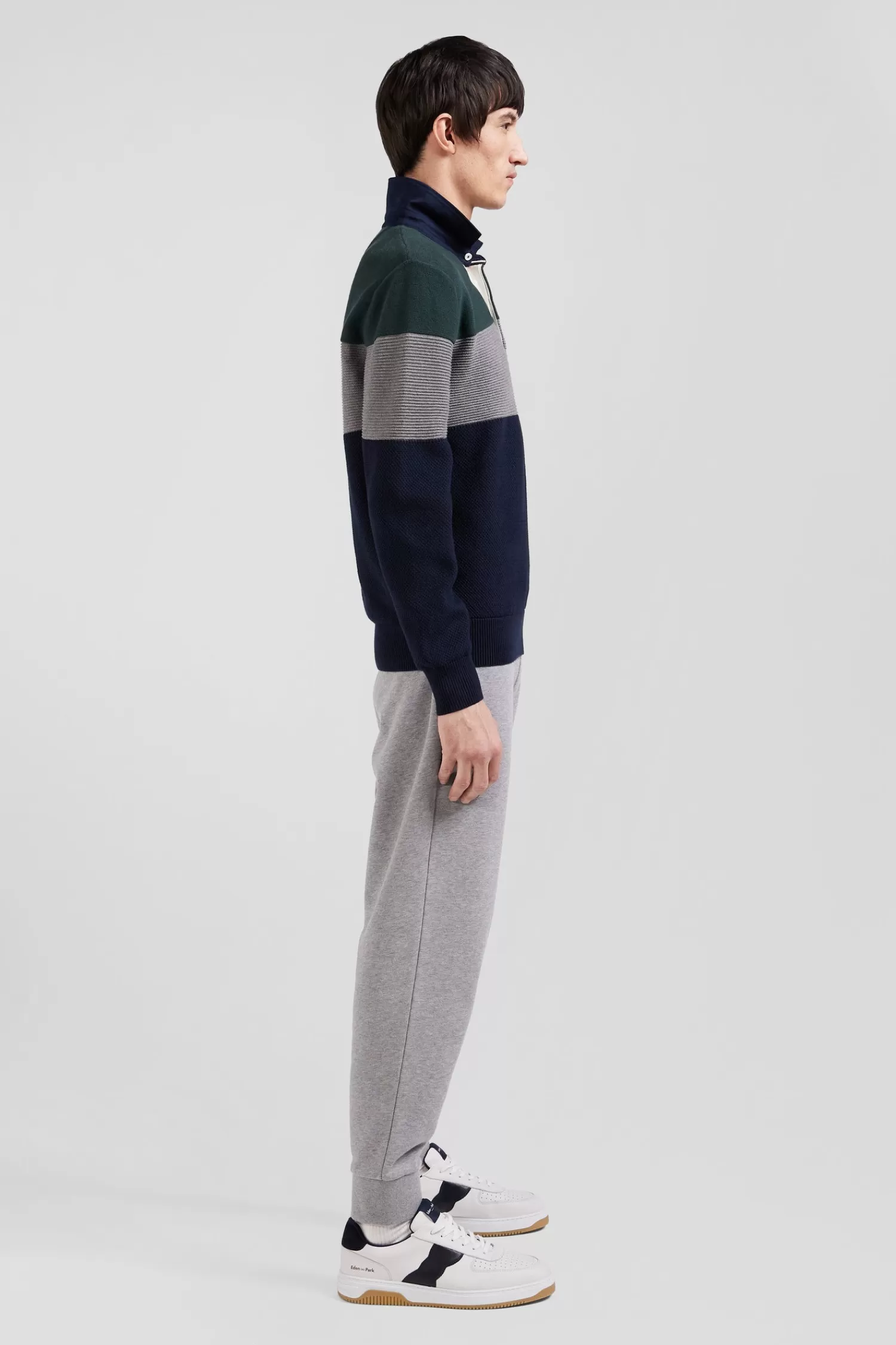Eden Park Regular green wool and cotton jumper with knit patterns and rugby shirt collar< Sweaters