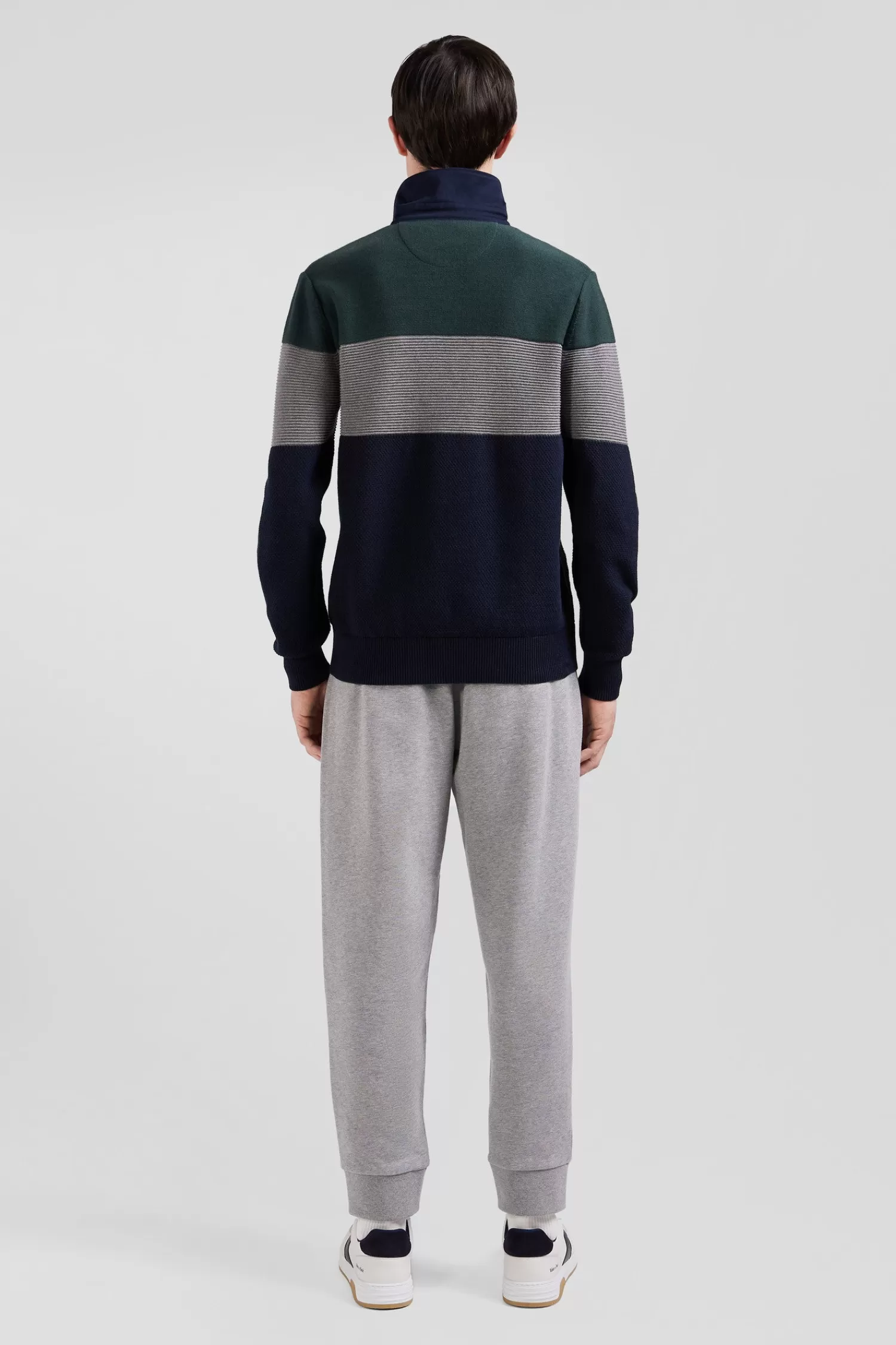 Eden Park Regular green wool and cotton jumper with knit patterns and rugby shirt collar< Sweaters