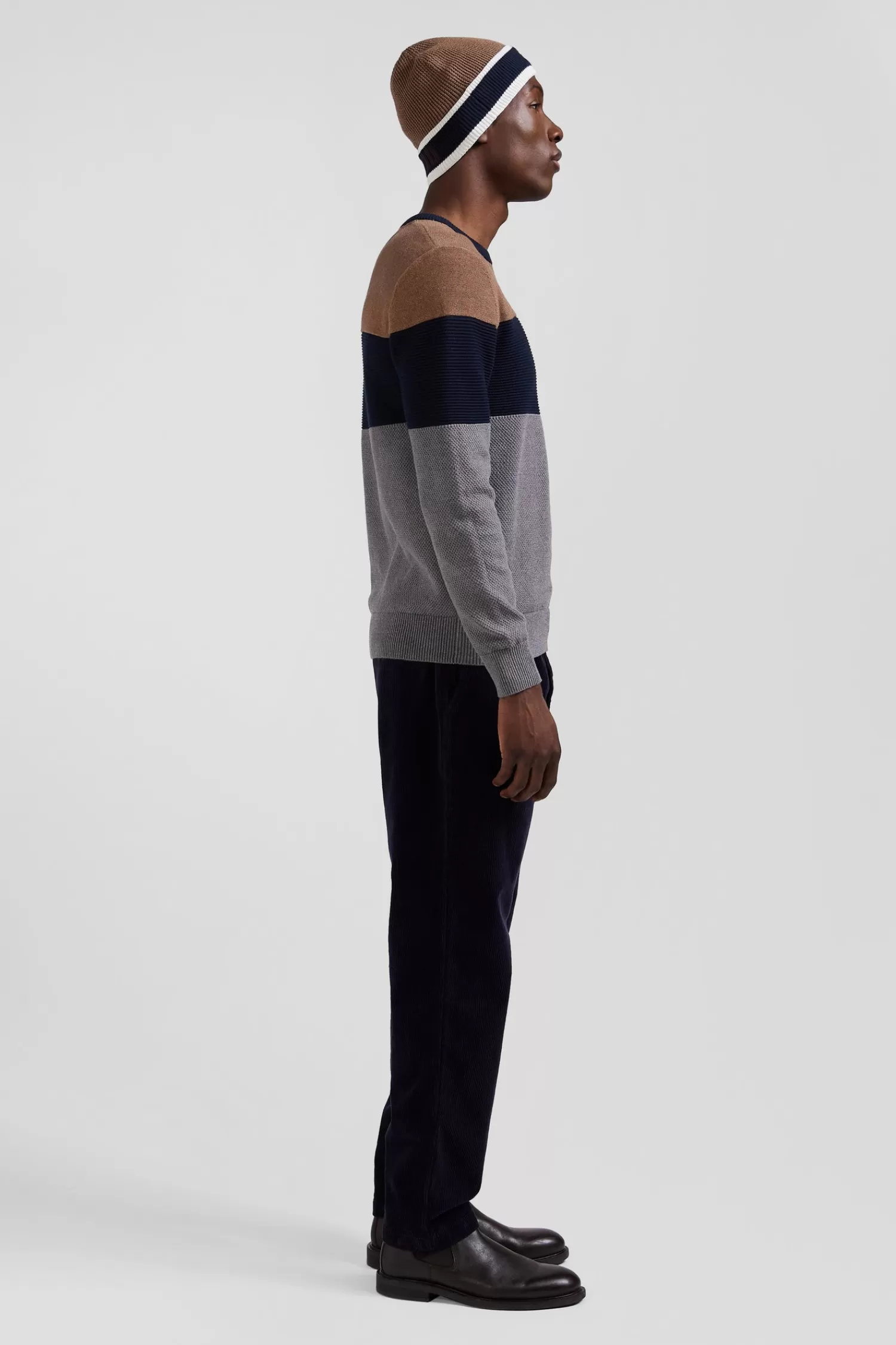 Eden Park Regular grey and camel cotton crew neck jumper with knit patterns< Sweaters
