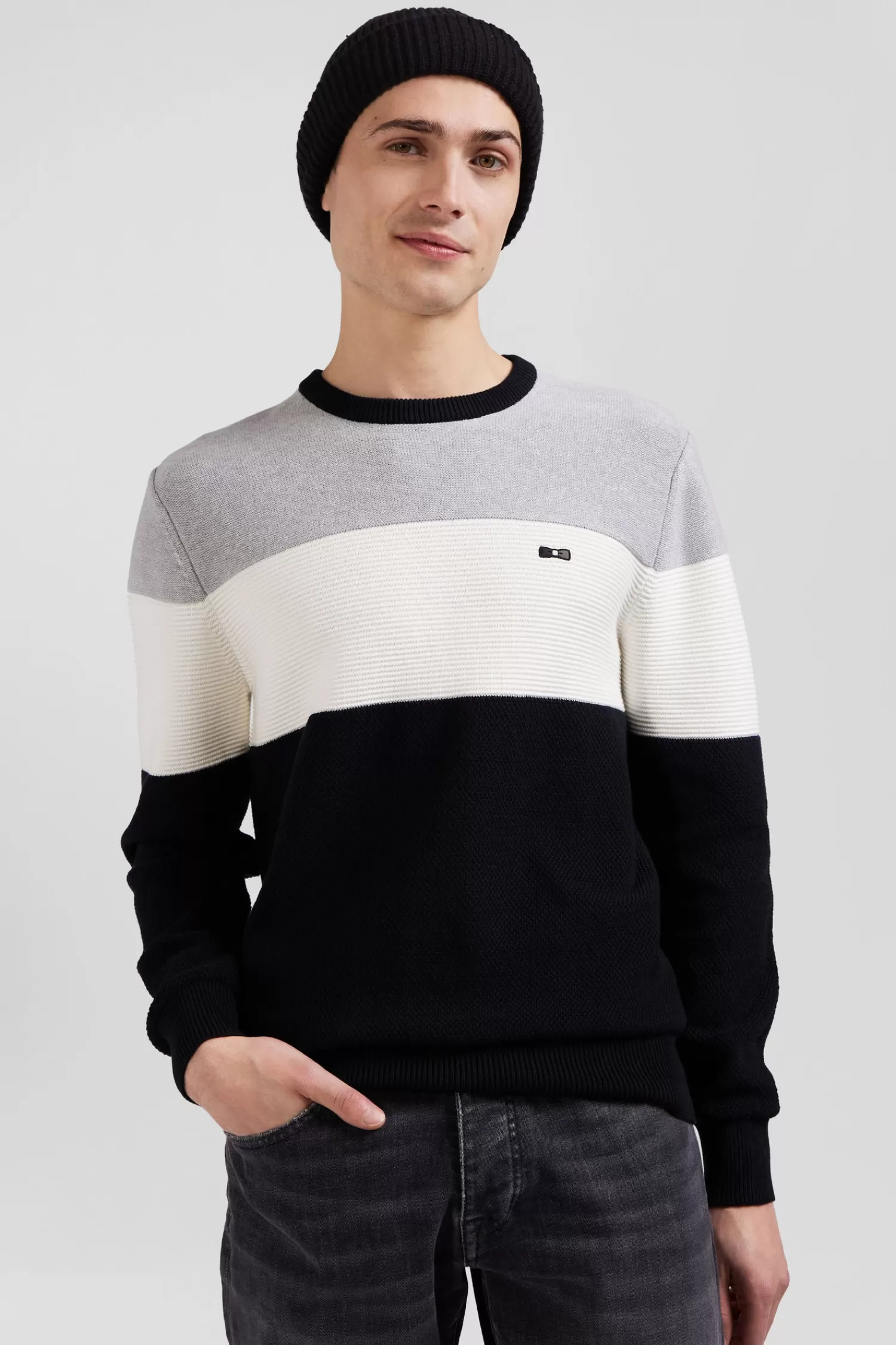 Eden Park Regular grey and white cotton crew neck jumper with knit patterns< Sweaters