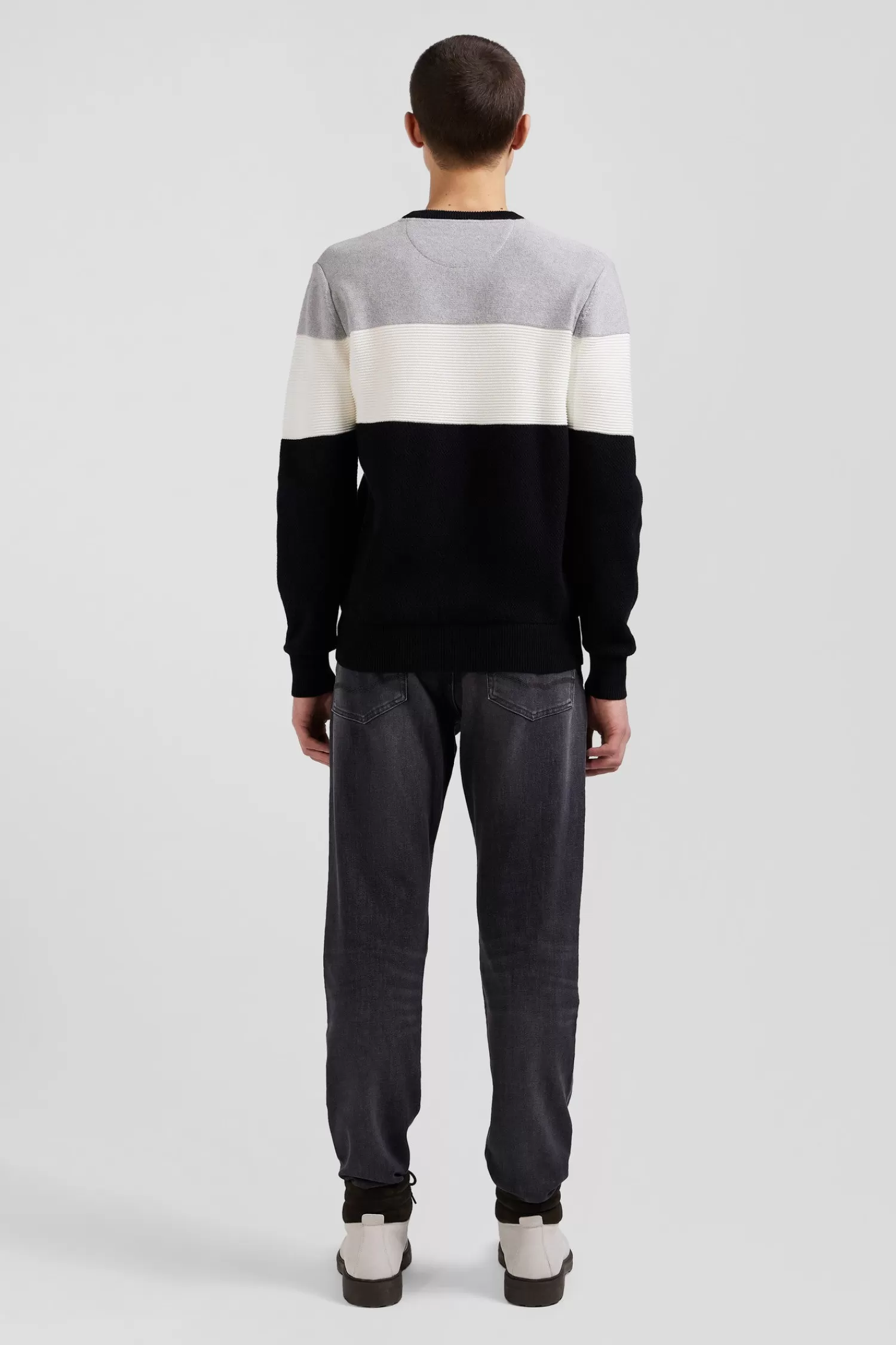 Eden Park Regular grey and white cotton crew neck jumper with knit patterns< Sweaters