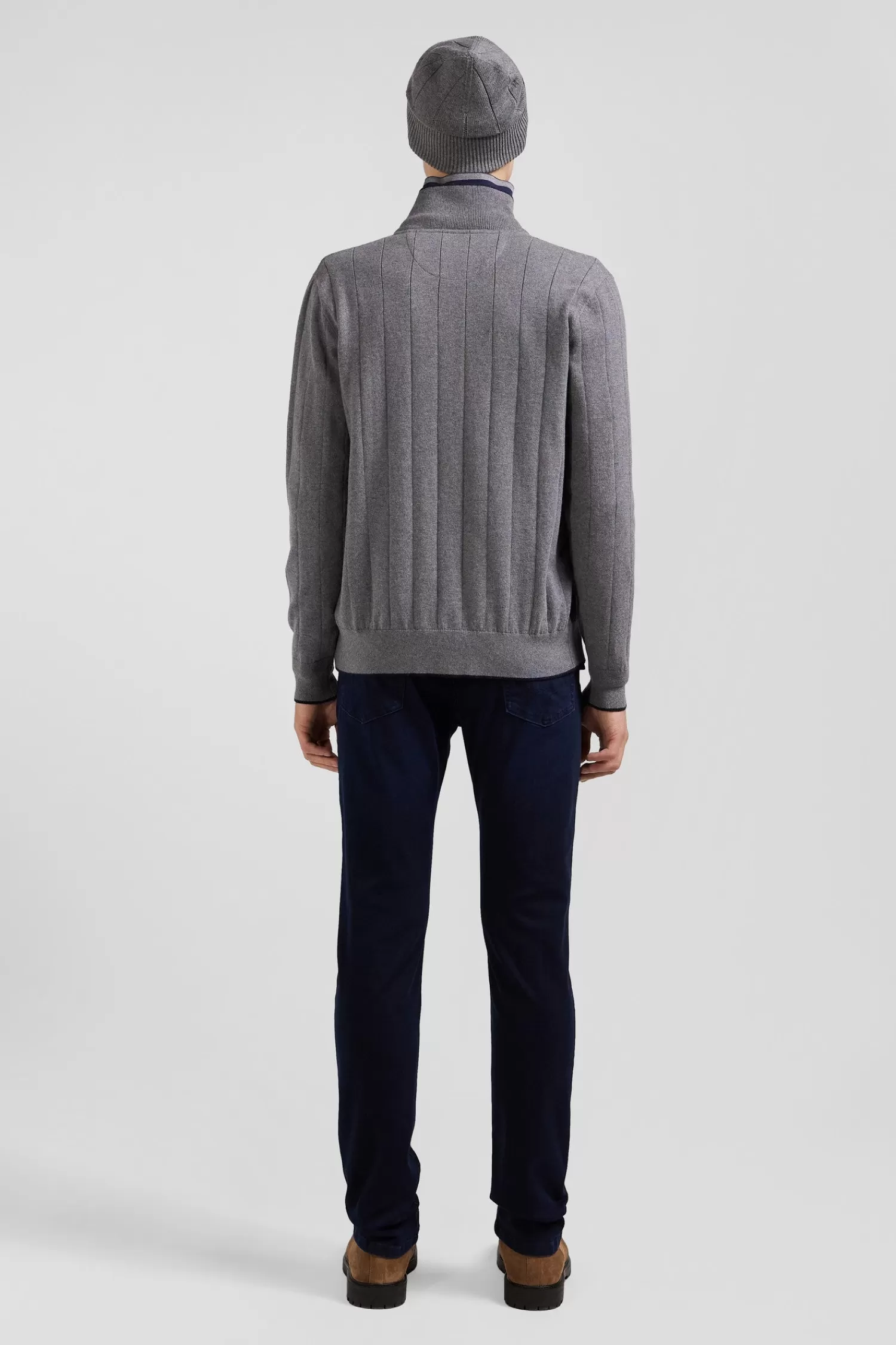 Eden Park Regular grey cotton and cashmere zipped cardigan with vertical stripes< Cardigans