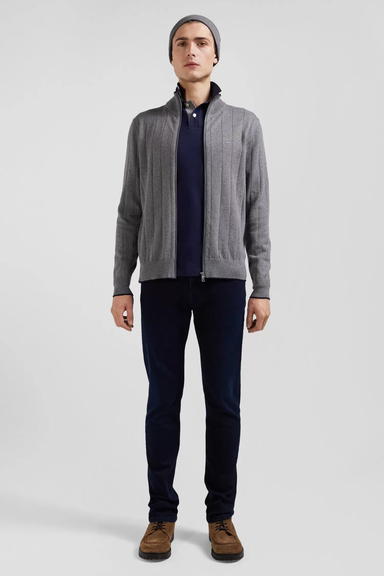 Eden Park Regular grey cotton and cashmere zipped cardigan with vertical stripes< Cardigans