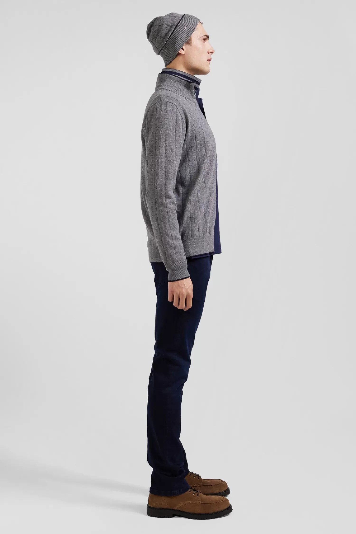Eden Park Regular grey cotton and cashmere zipped cardigan with vertical stripes< Cardigans