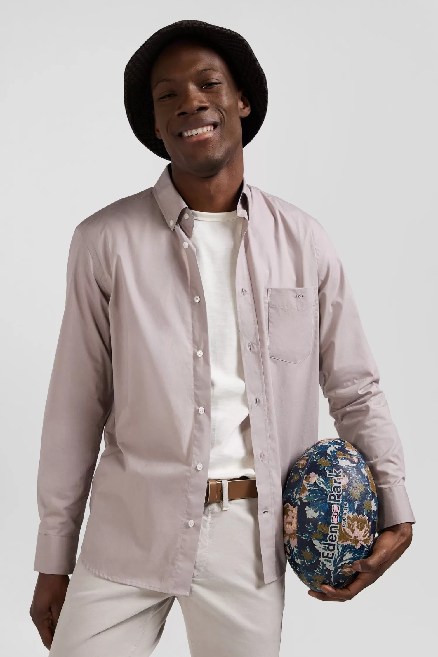 Eden Park Regular grey cotton poplin shirt with button-down collar and printed elbow patches< Shirts