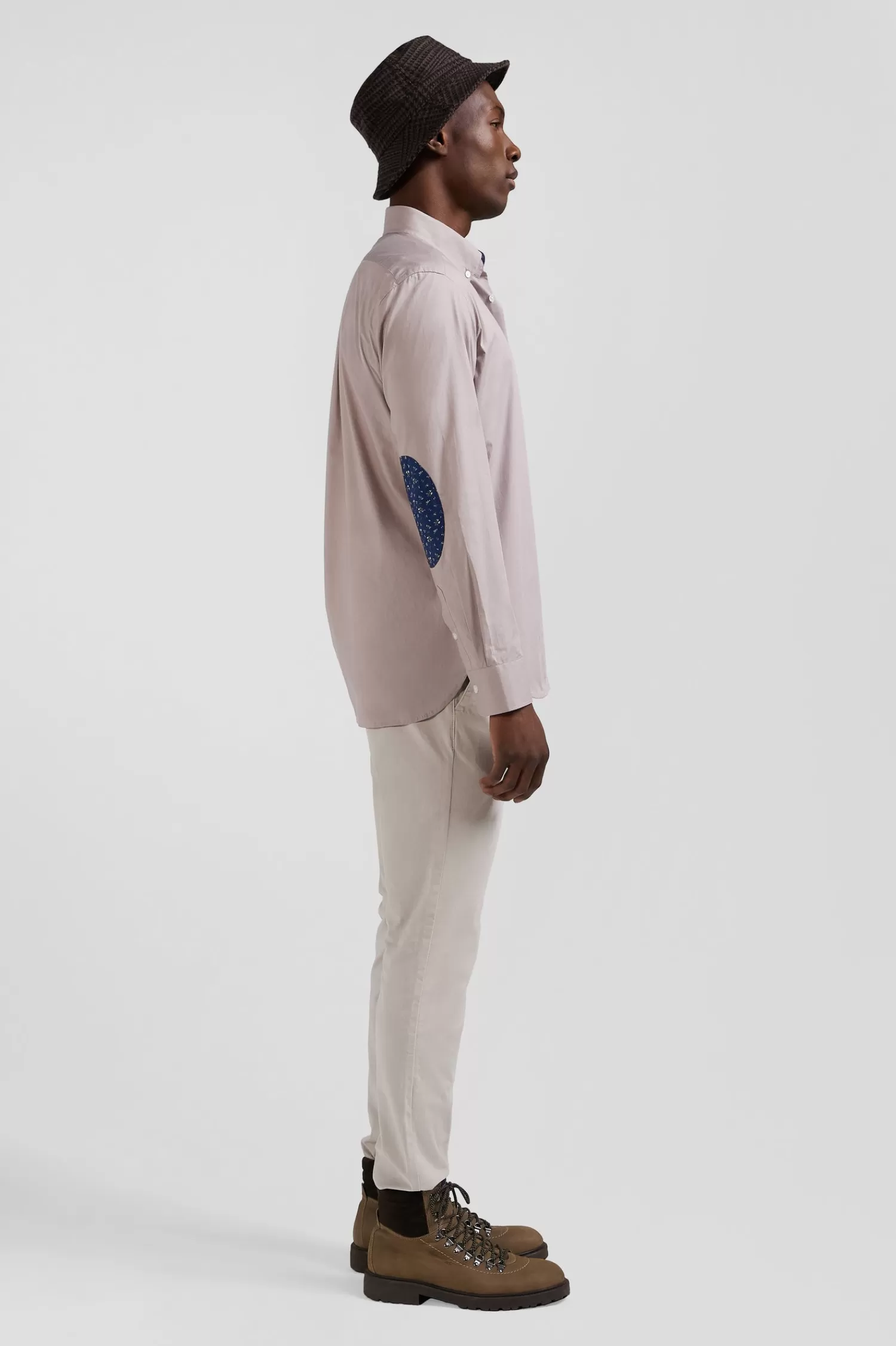 Eden Park Regular grey cotton poplin shirt with button-down collar and printed elbow patches< Shirts