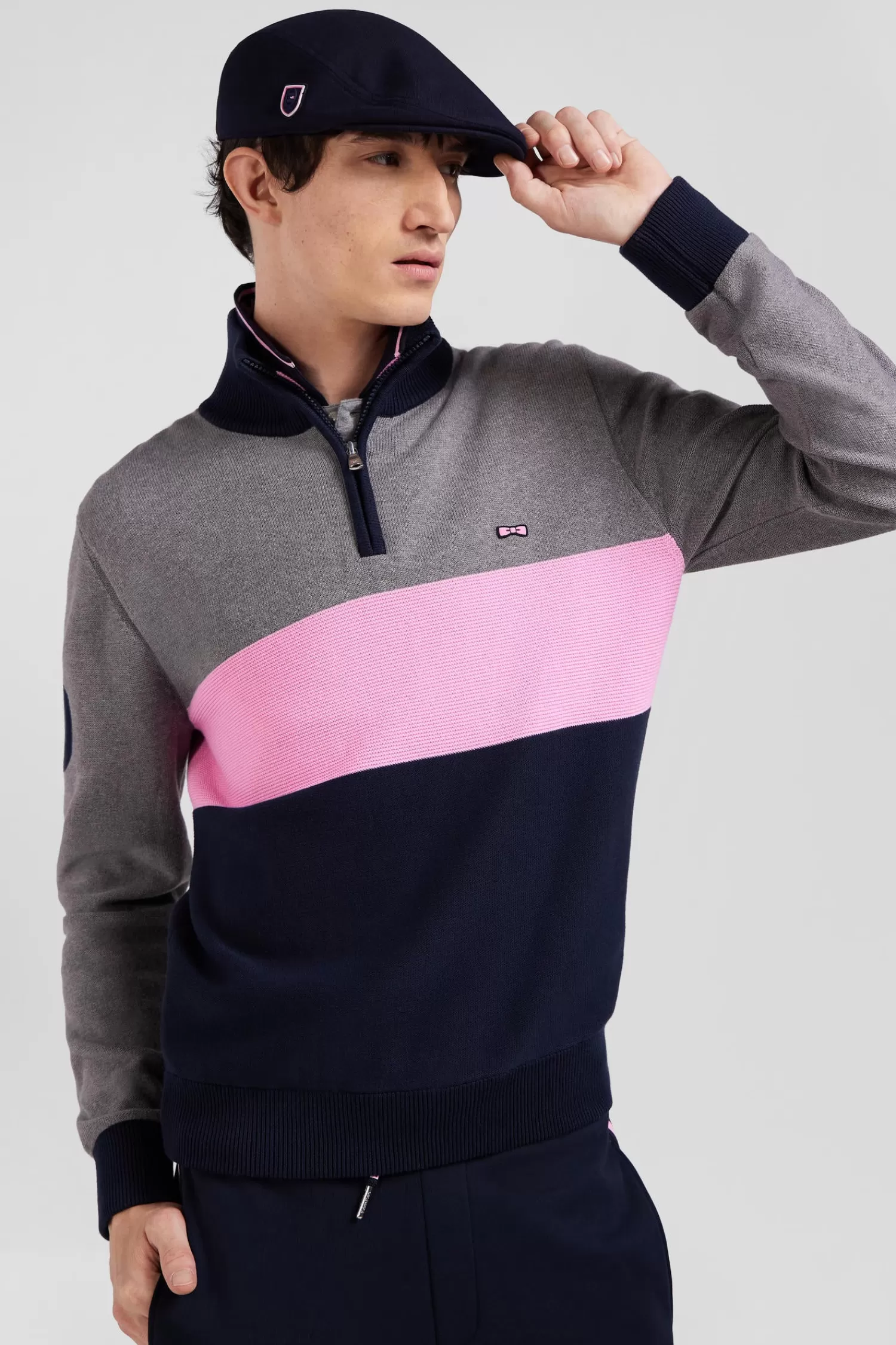 Eden Park Regular grey embroidered semi-zipped colorblock cotton jumper< Sweaters