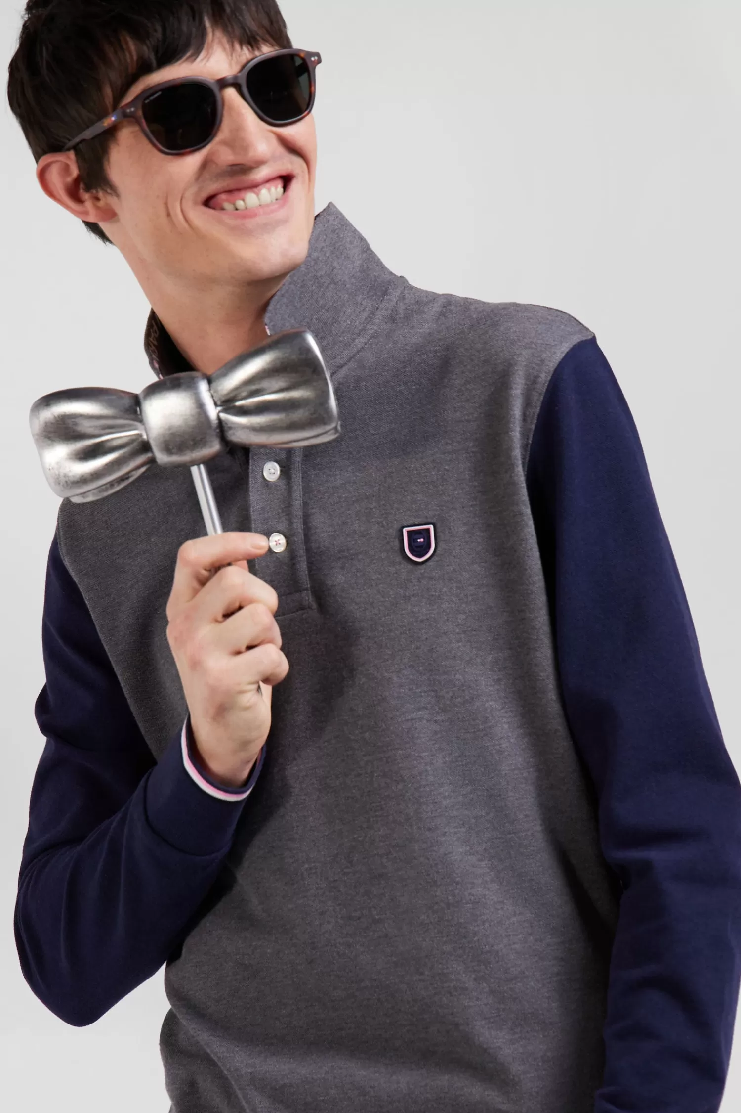 Eden Park Regular grey long-sleeved cotton piqué polo shirt with jacquard collar and rubber badge< Polos