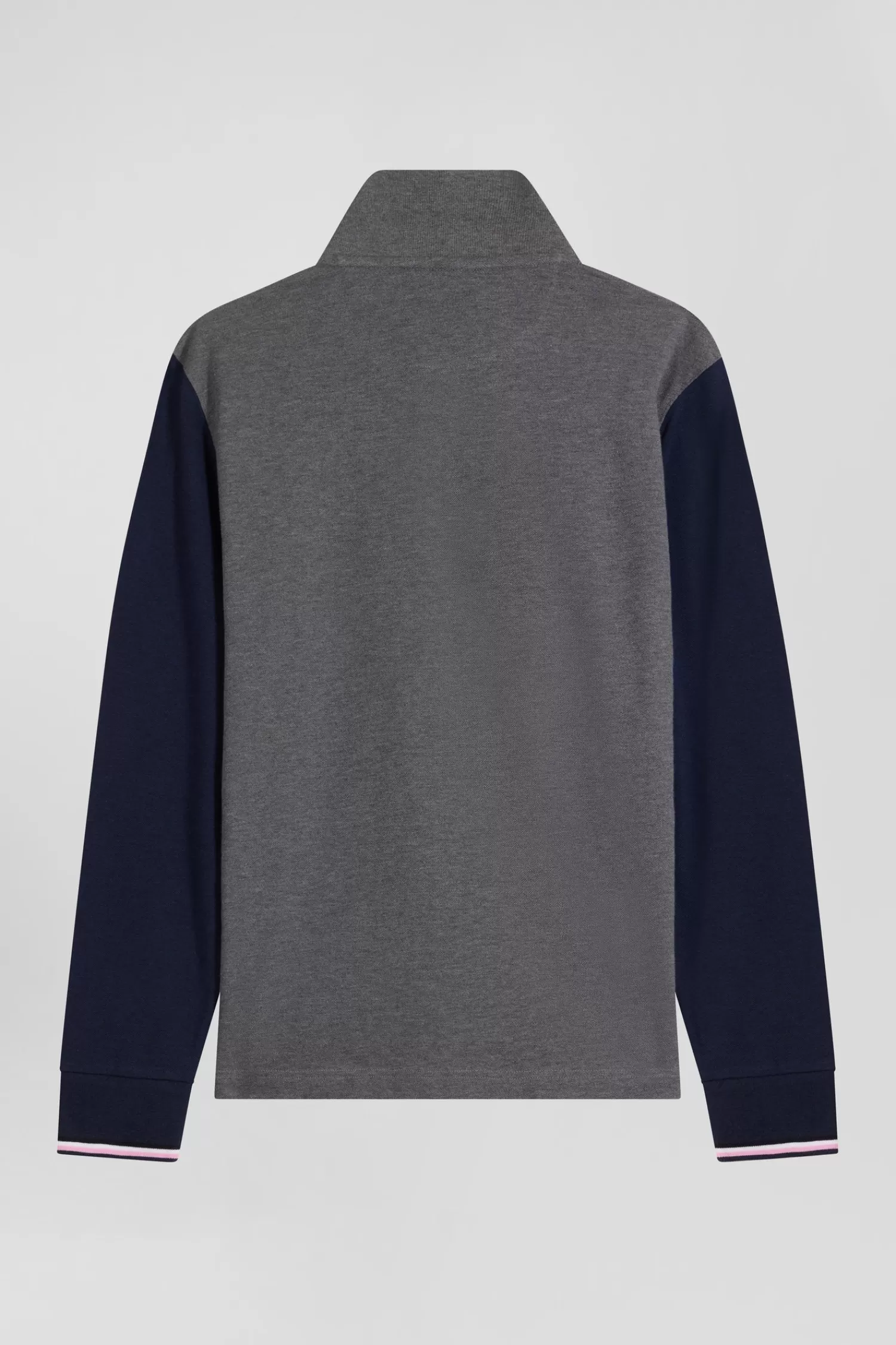Eden Park Regular grey long-sleeved cotton piqué polo shirt with jacquard collar and rubber badge< Polos