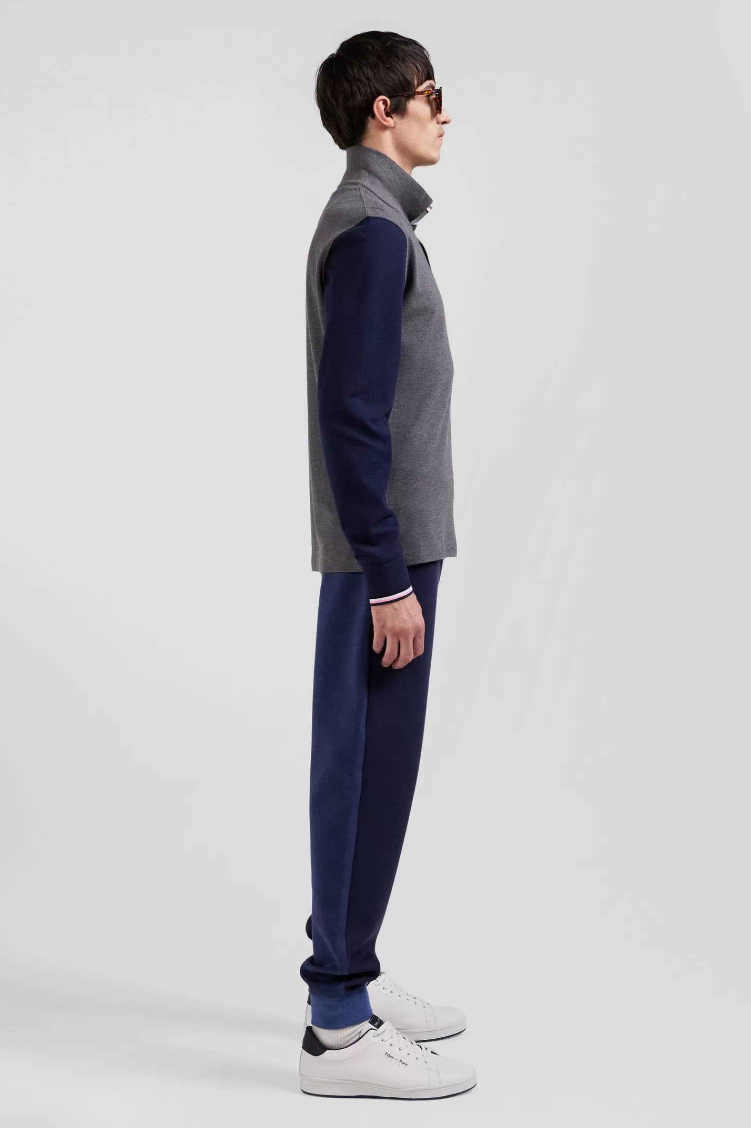 Eden Park Regular grey long-sleeved cotton piqué polo shirt with jacquard collar and rubber badge< Polos
