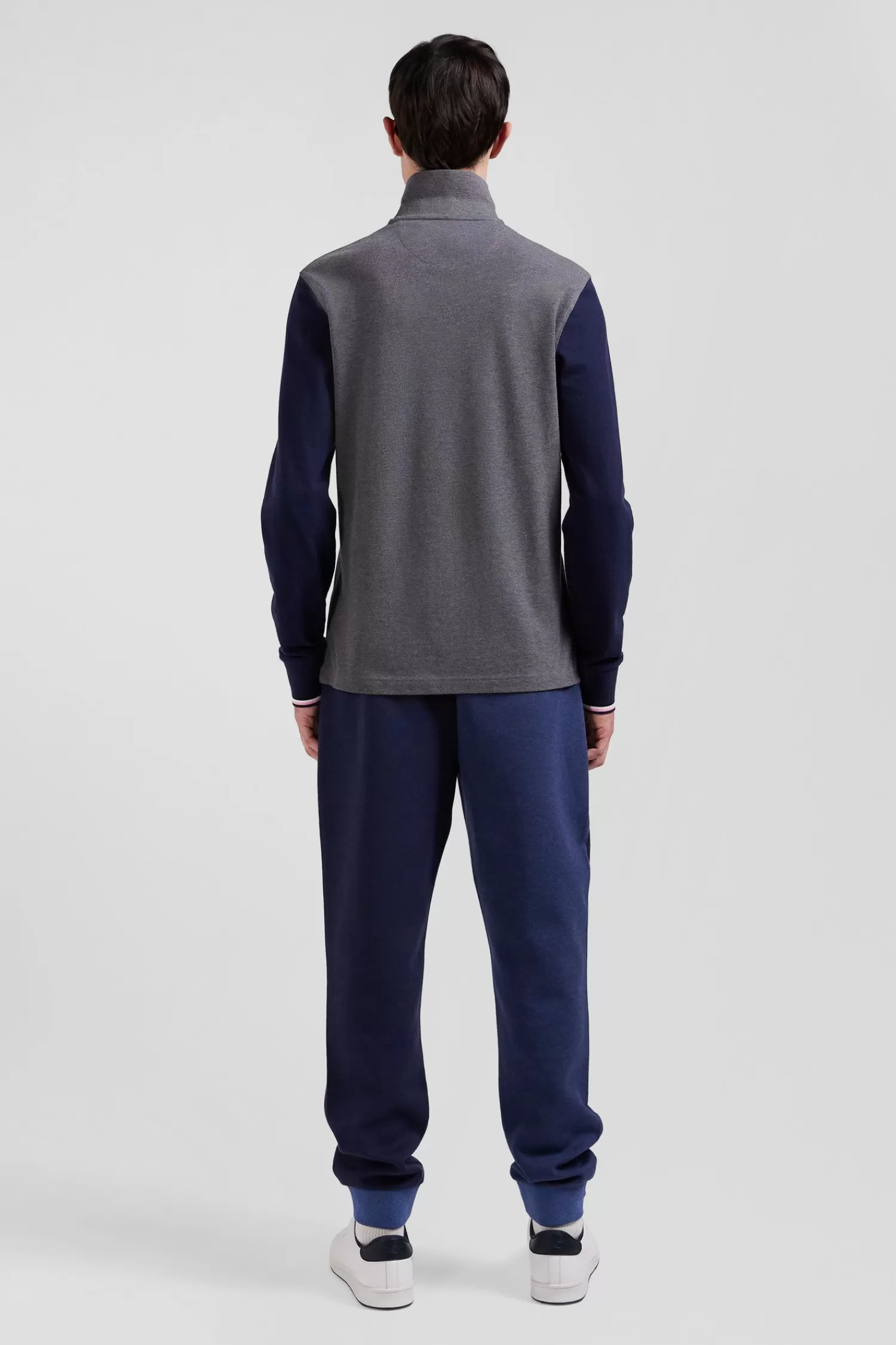 Eden Park Regular grey long-sleeved cotton piqué polo shirt with jacquard collar and rubber badge< Polos