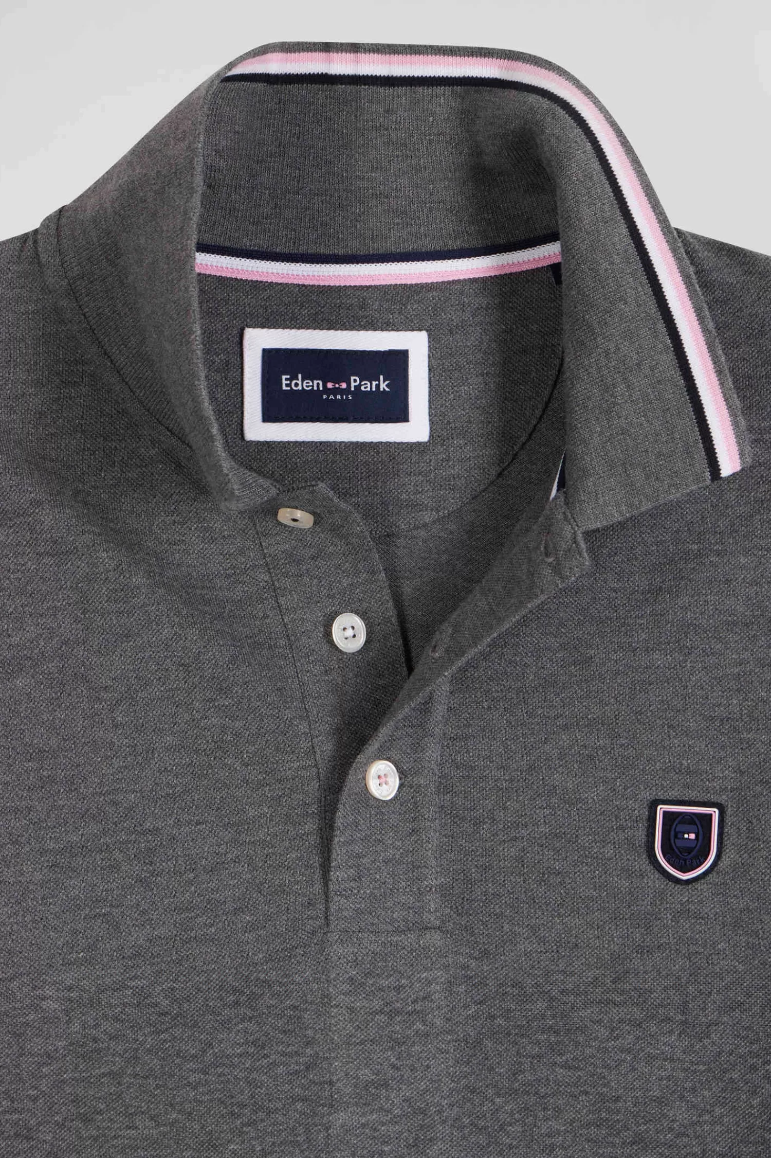 Eden Park Regular grey long-sleeved cotton piqué polo shirt with jacquard collar and rubber badge< Polos