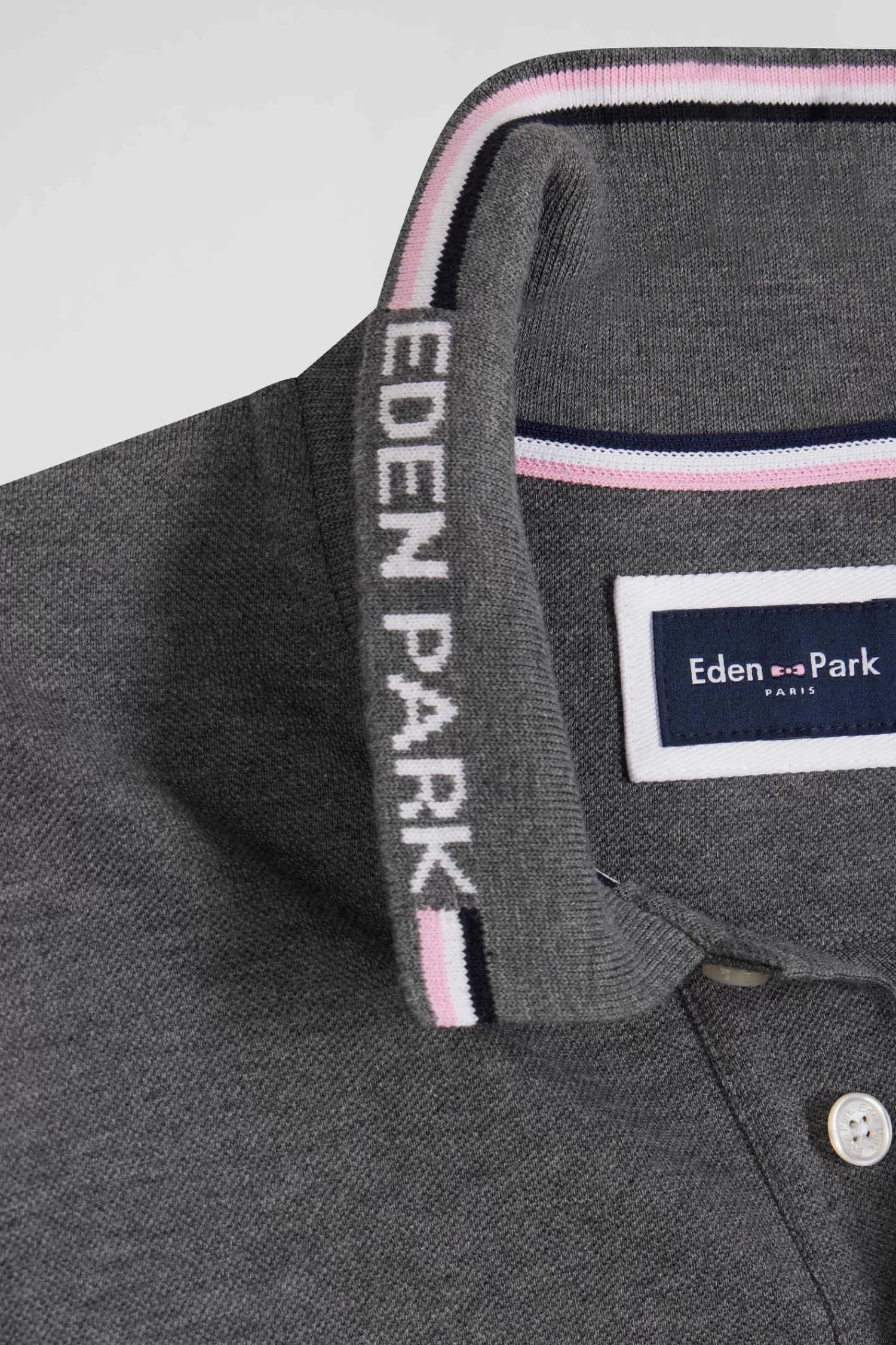 Eden Park Regular grey long-sleeved cotton piqué polo shirt with jacquard collar and rubber badge< Polos