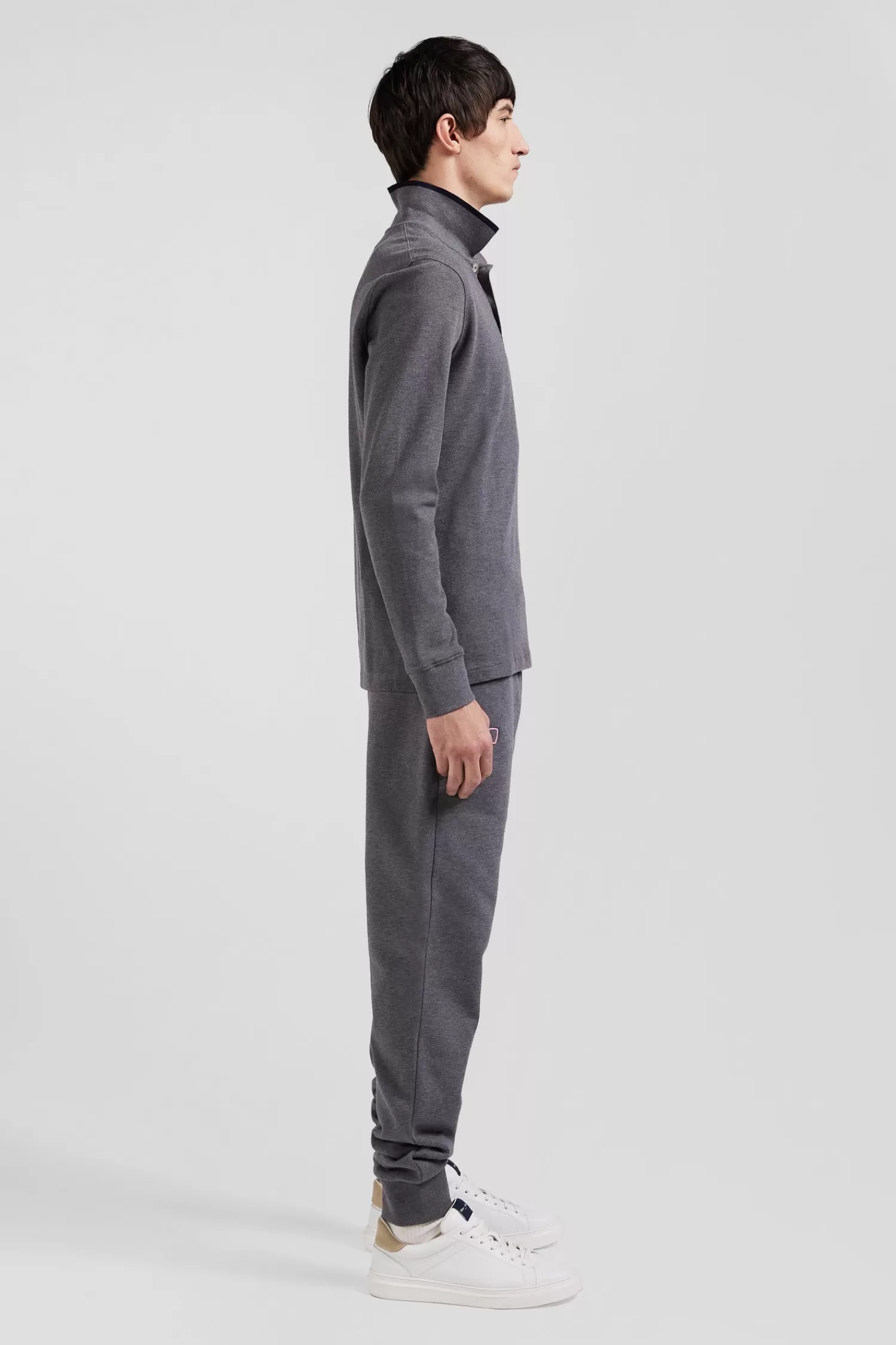 Eden Park Regular grey long-sleeved cotton piqué polo shirt with pink details< Polos