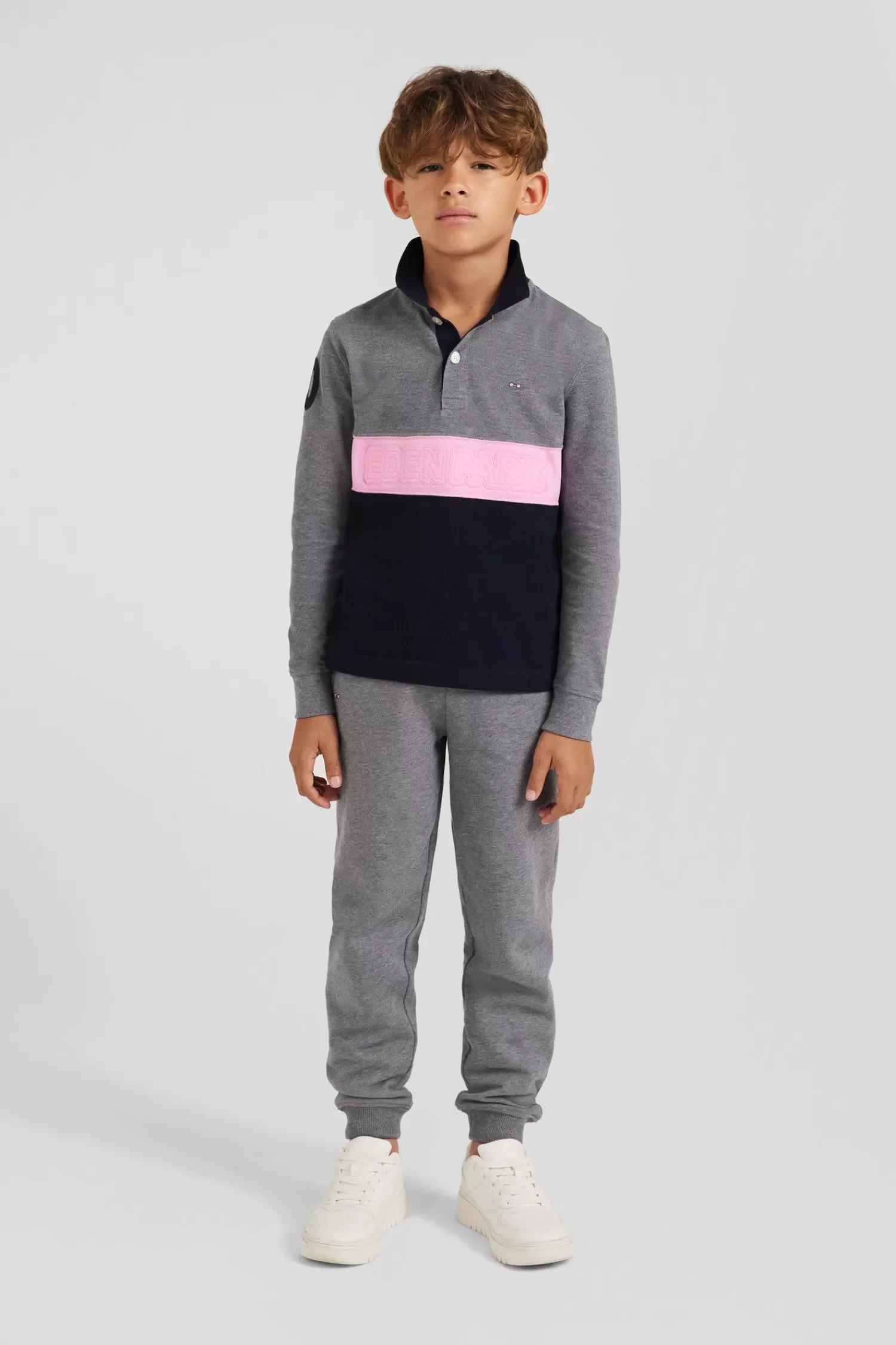 Eden Park Regular grey long-sleeved cotton piqué polo shirt with pink stripe and N°10 embroidery<Kids Kids