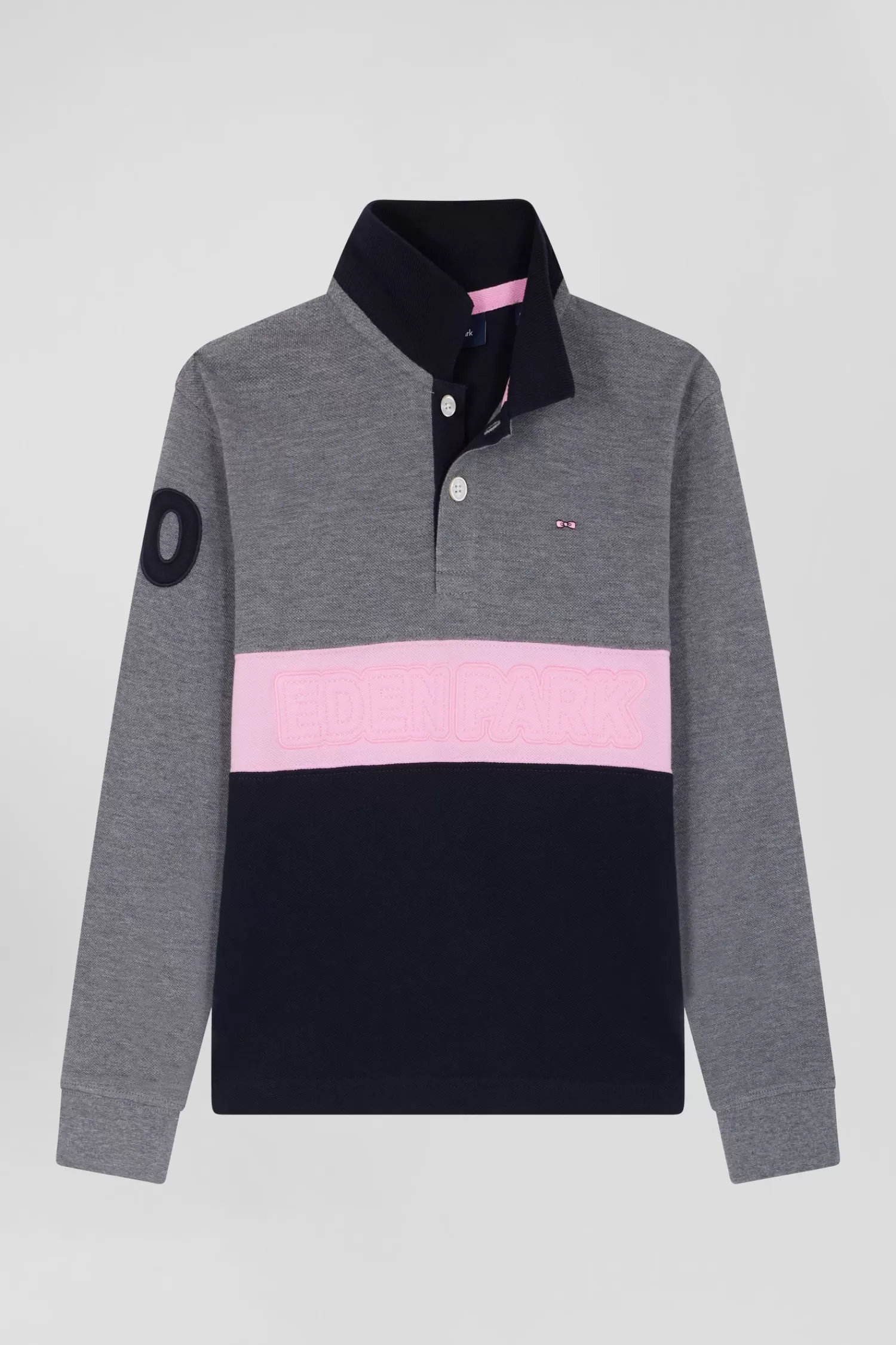 Eden Park Regular grey long-sleeved cotton piqué polo shirt with pink stripe and N°10 embroidery<Kids Kids