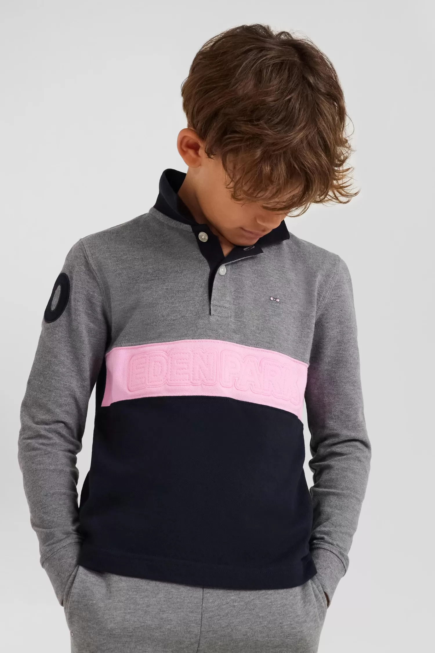 Eden Park Regular grey long-sleeved cotton piqué polo shirt with pink stripe and N°10 embroidery<Kids Kids