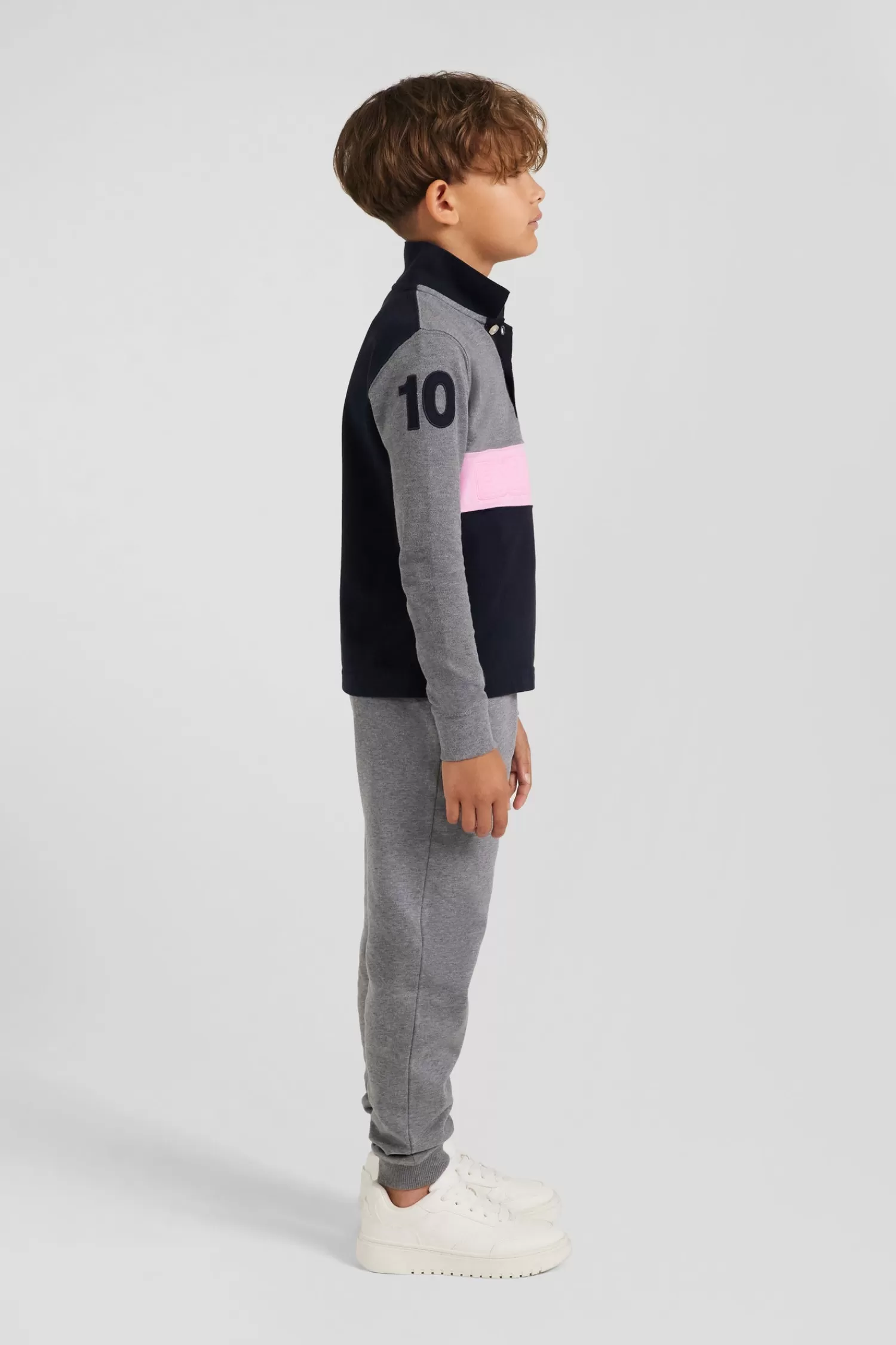 Eden Park Regular grey long-sleeved cotton piqué polo shirt with pink stripe and N°10 embroidery<Kids Kids