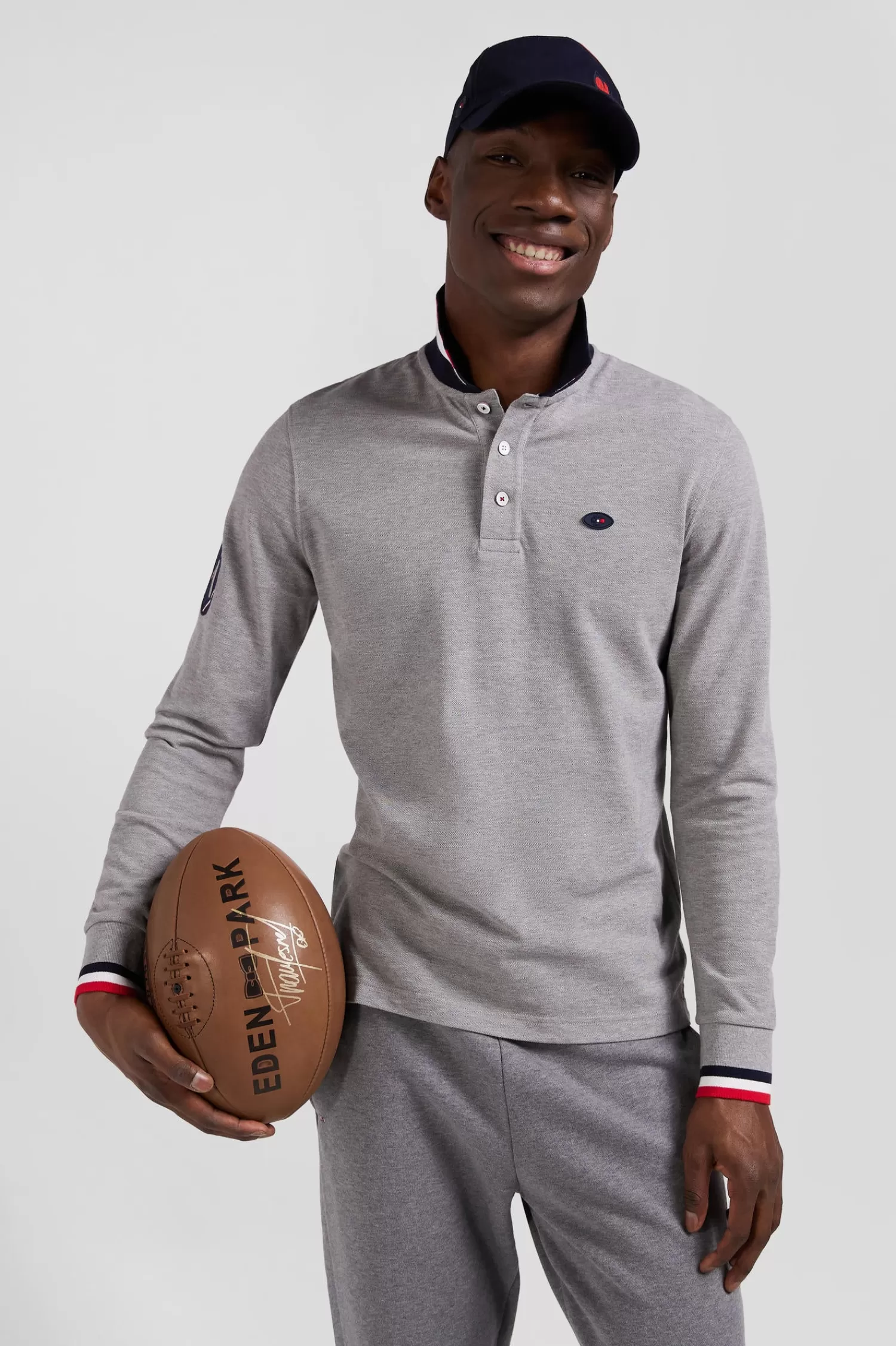 Eden Park Regular grey long-sleeved cotton piqué polo shirt with XV de France embroidery< Polos